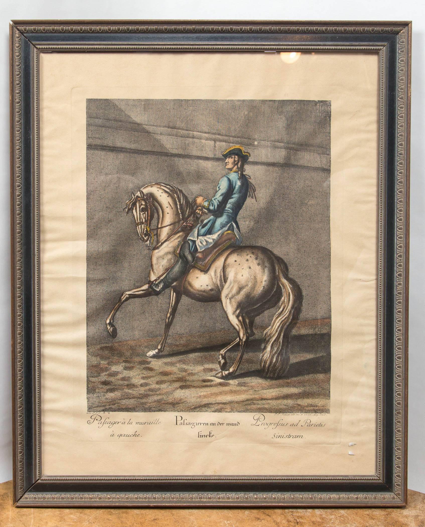 Each engravings signed in the plate John Ridinger. (1698-1767) Each hand colored, matted and framed. Below each horse and rider are French, German and Latin names of the poses.
Dimensions include framing.

 