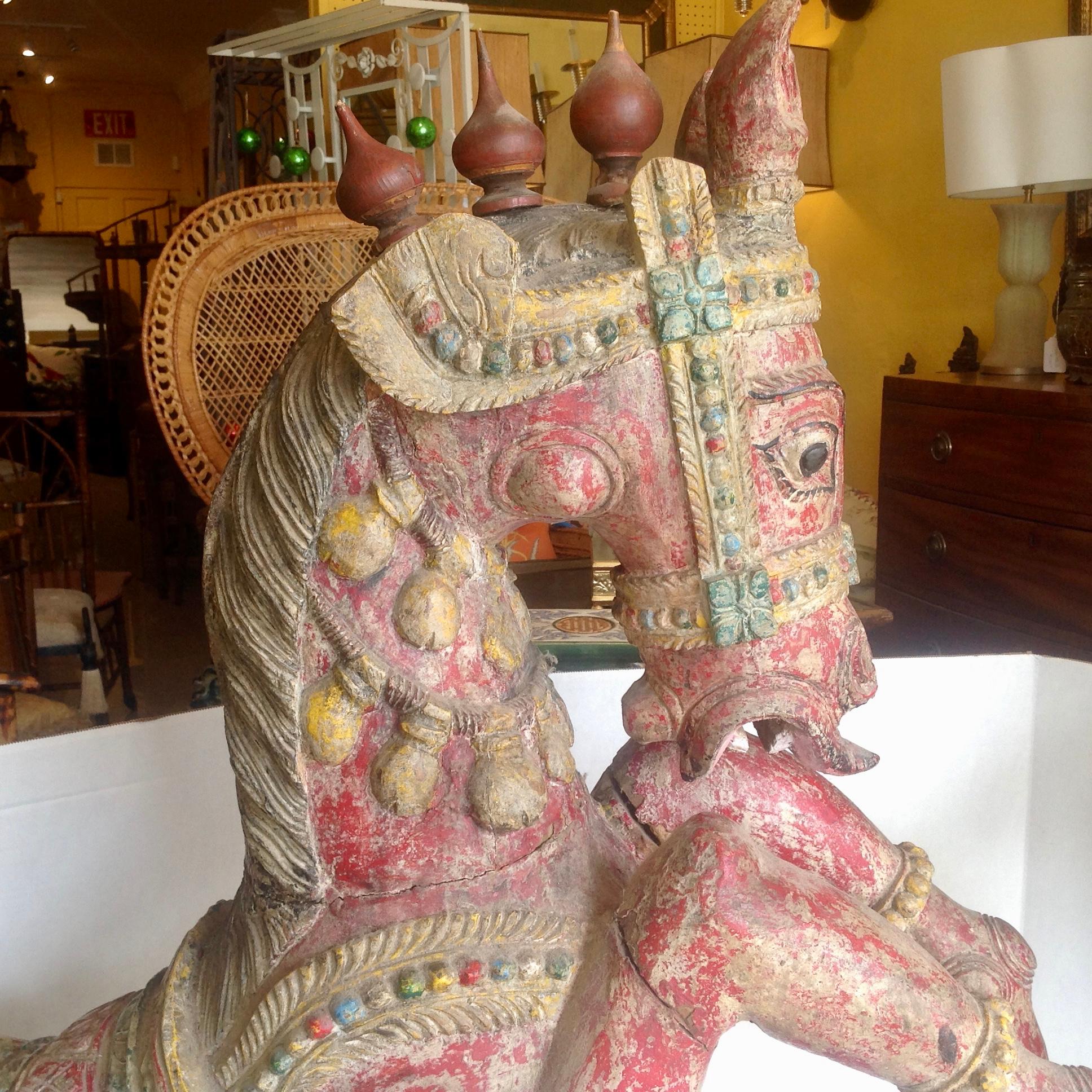 Pair of Enormous Rajasthani Carved Rearing Horses In Good Condition In West Palm Beach, FL