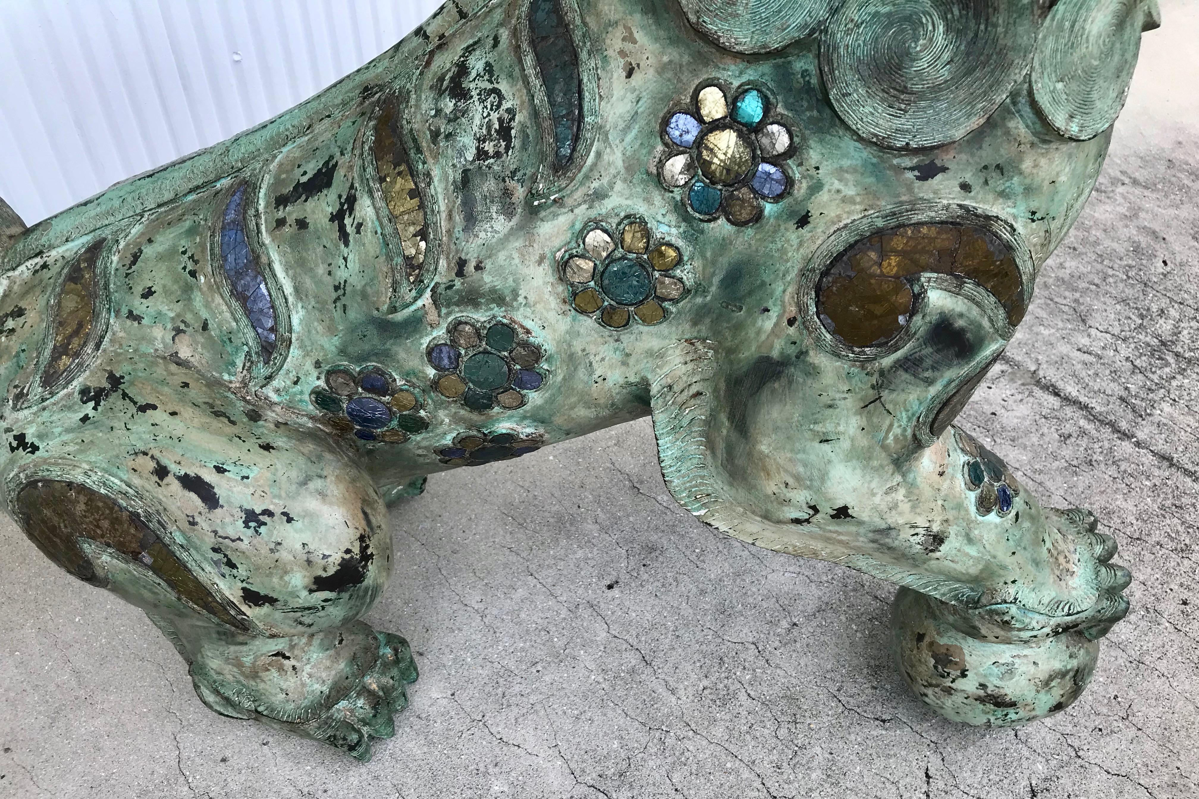 Pair of Enormous Bronze Foo Dogs with Inlays 10