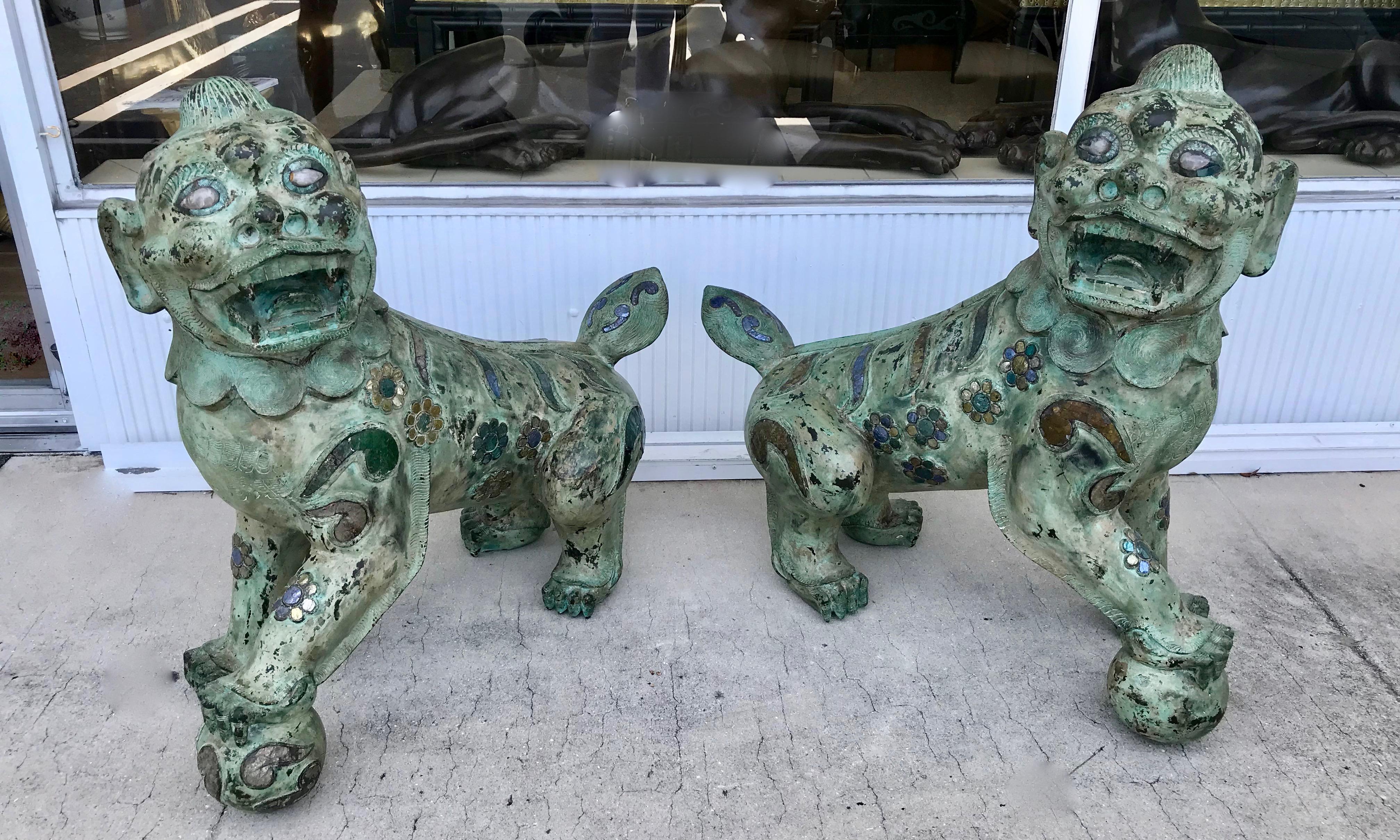 Thai Pair of Enormous Bronze Foo Dogs with Inlays For Sale