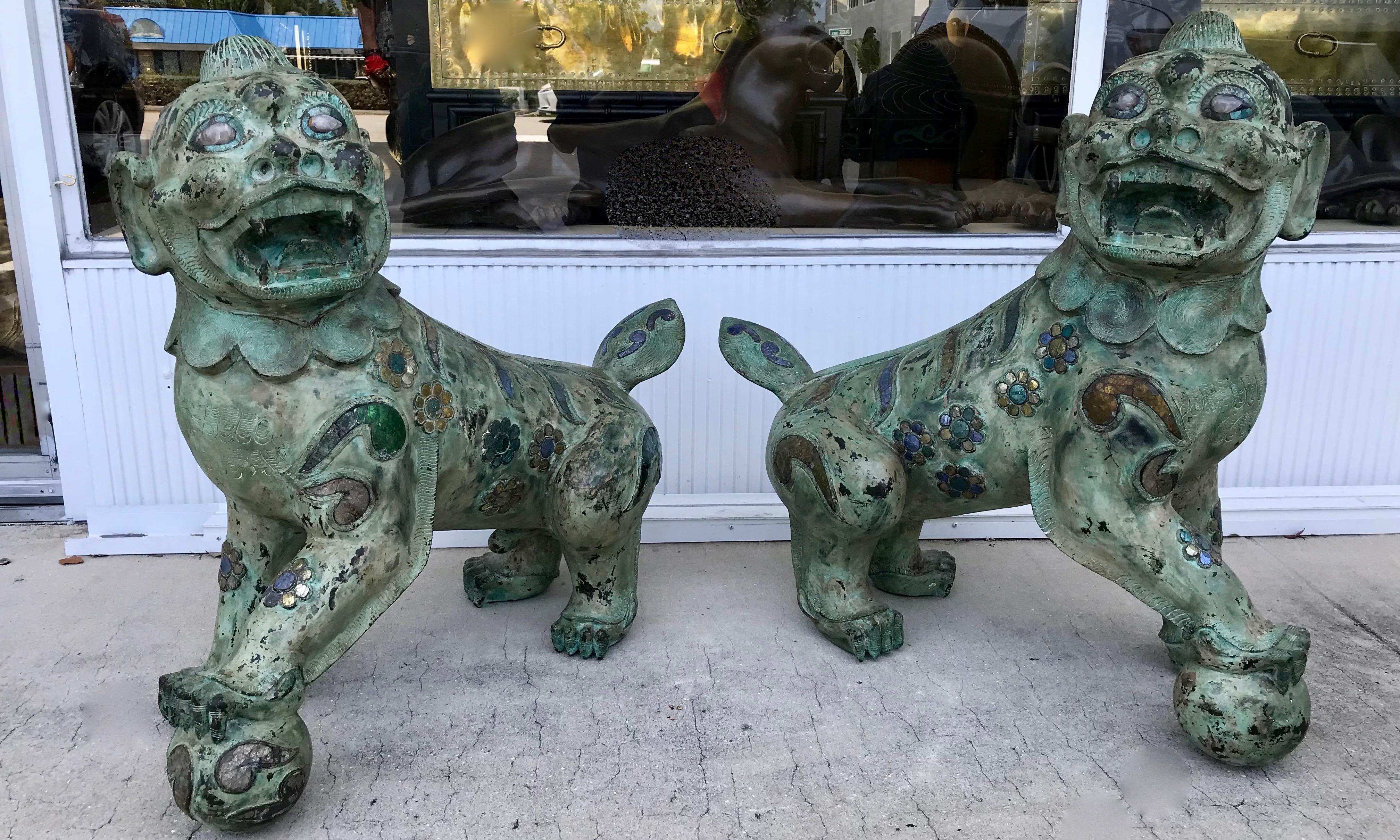 Pair of Enormous Bronze Foo Dogs with Inlays In Good Condition For Sale In West Palm Beach, FL