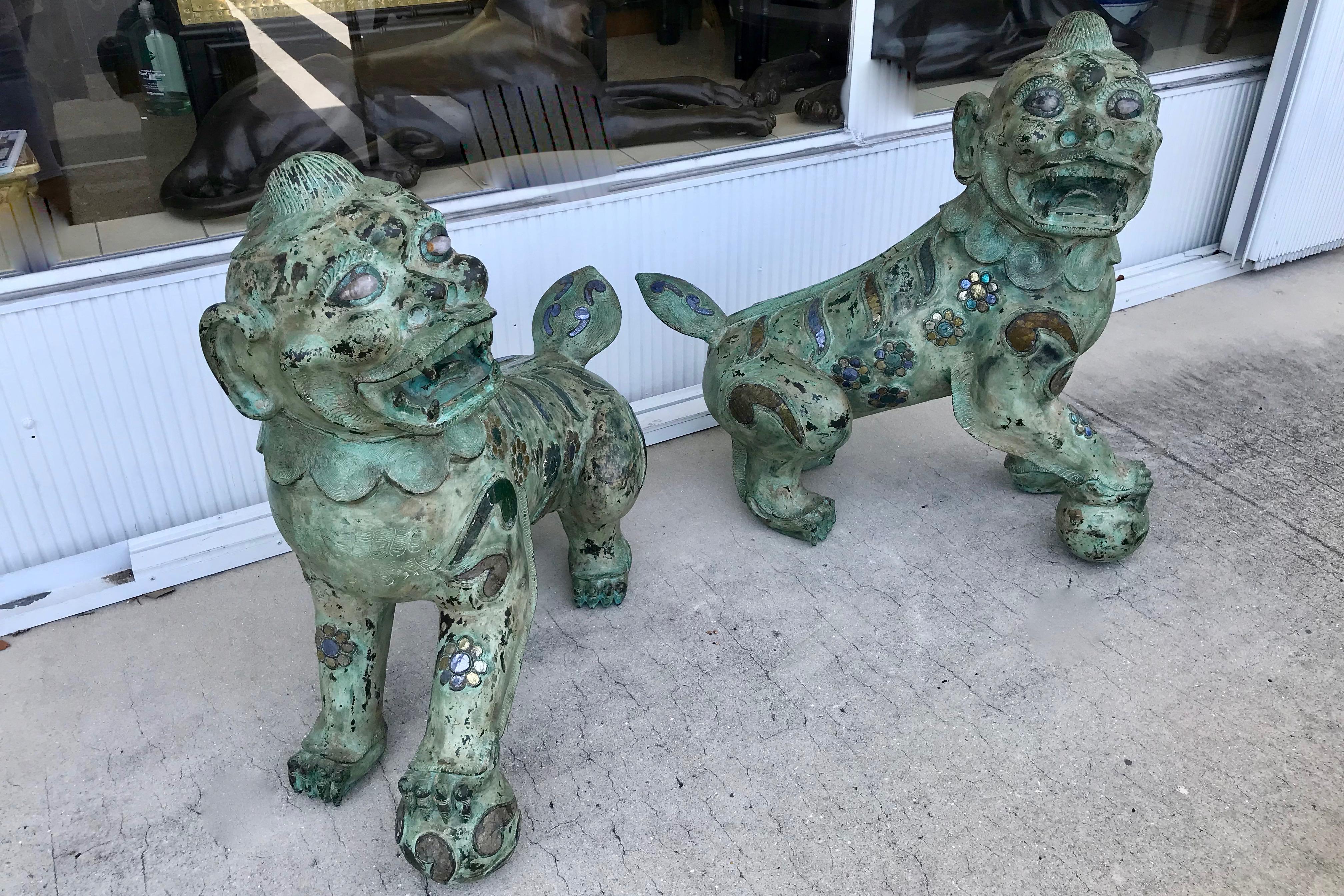 Mid-20th Century Pair of Enormous Bronze Foo Dogs with Inlays For Sale