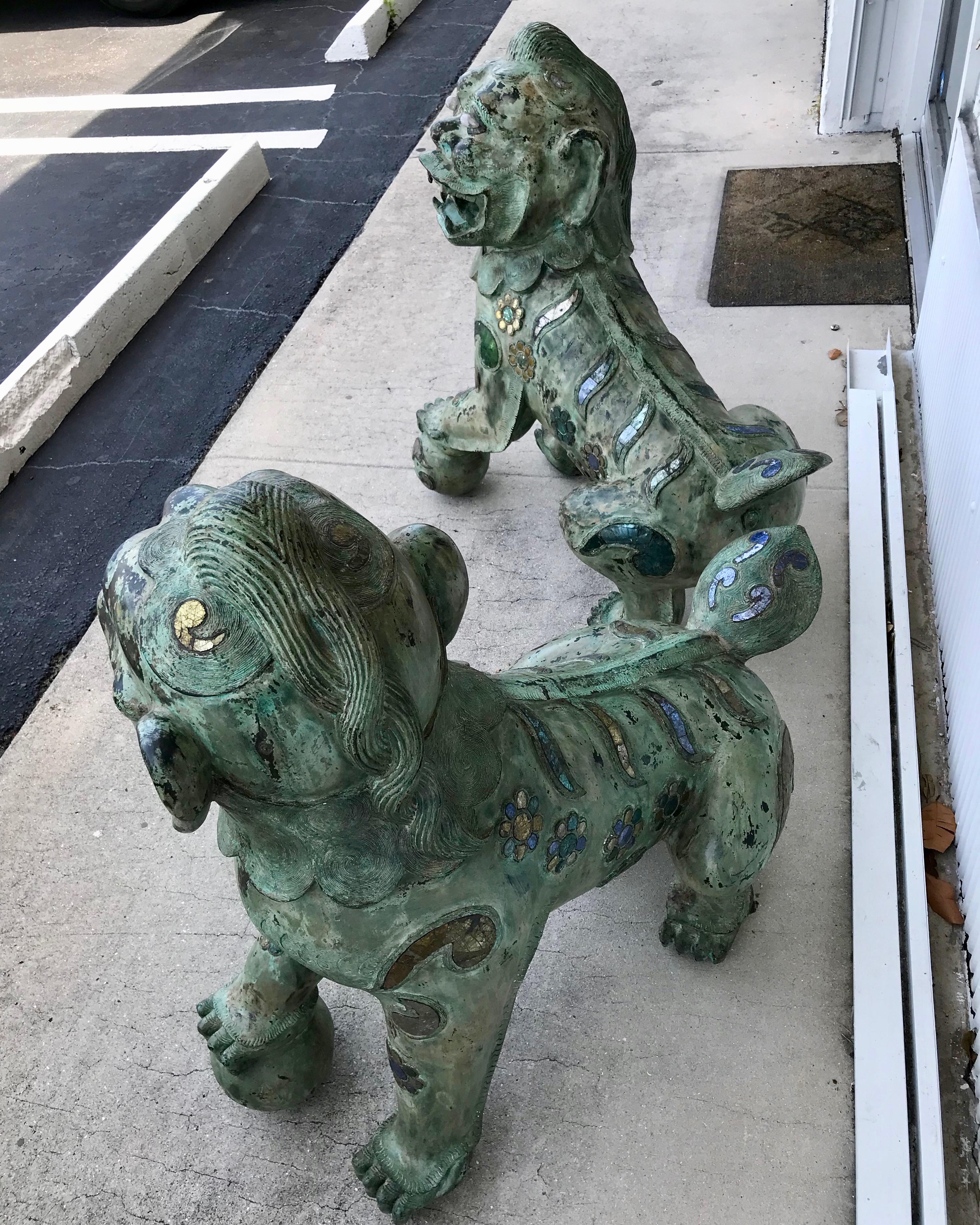 Pair of Enormous Bronze Foo Dogs with Inlays For Sale 1