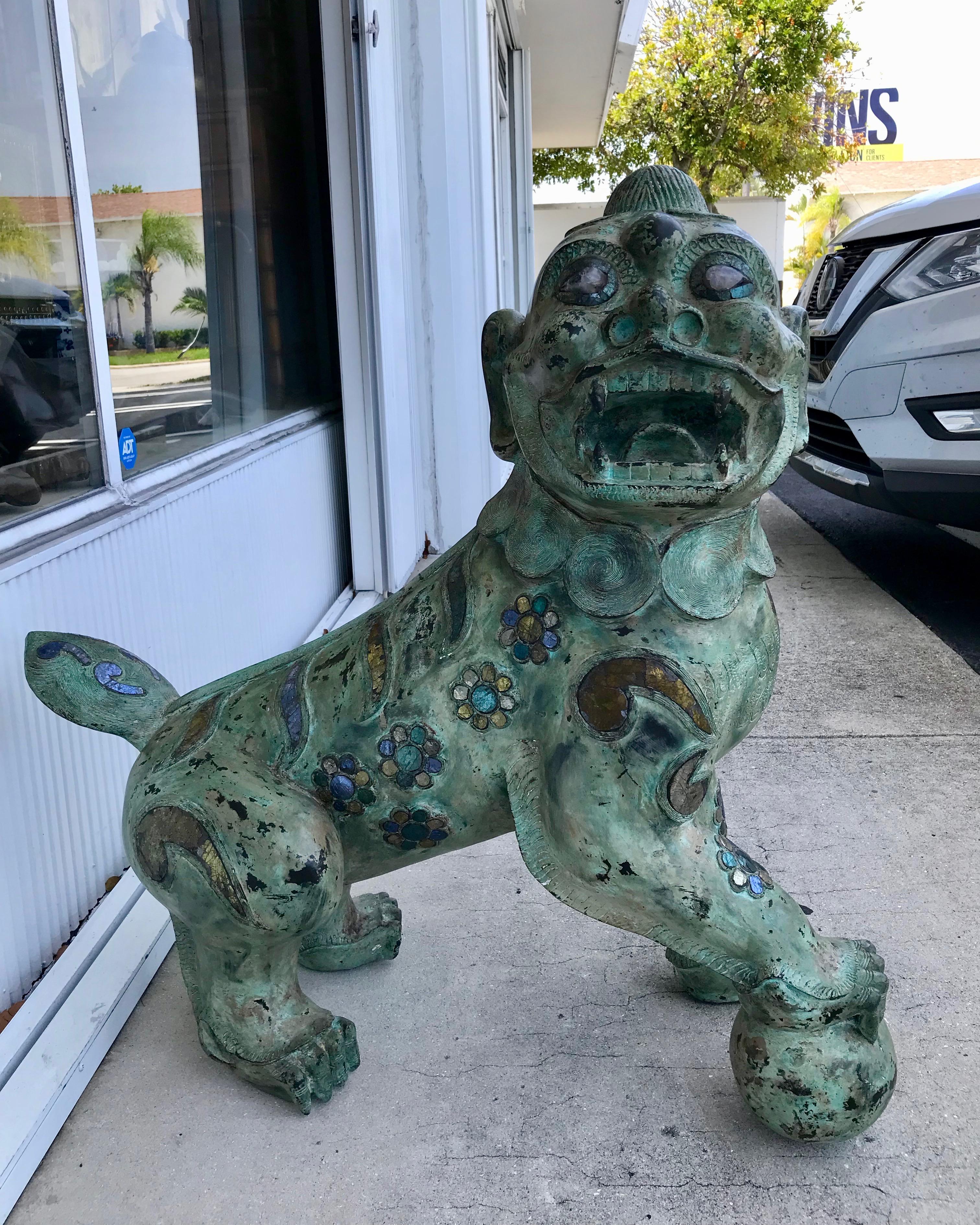 Pair of Enormous Bronze Foo Dogs with Inlays 2