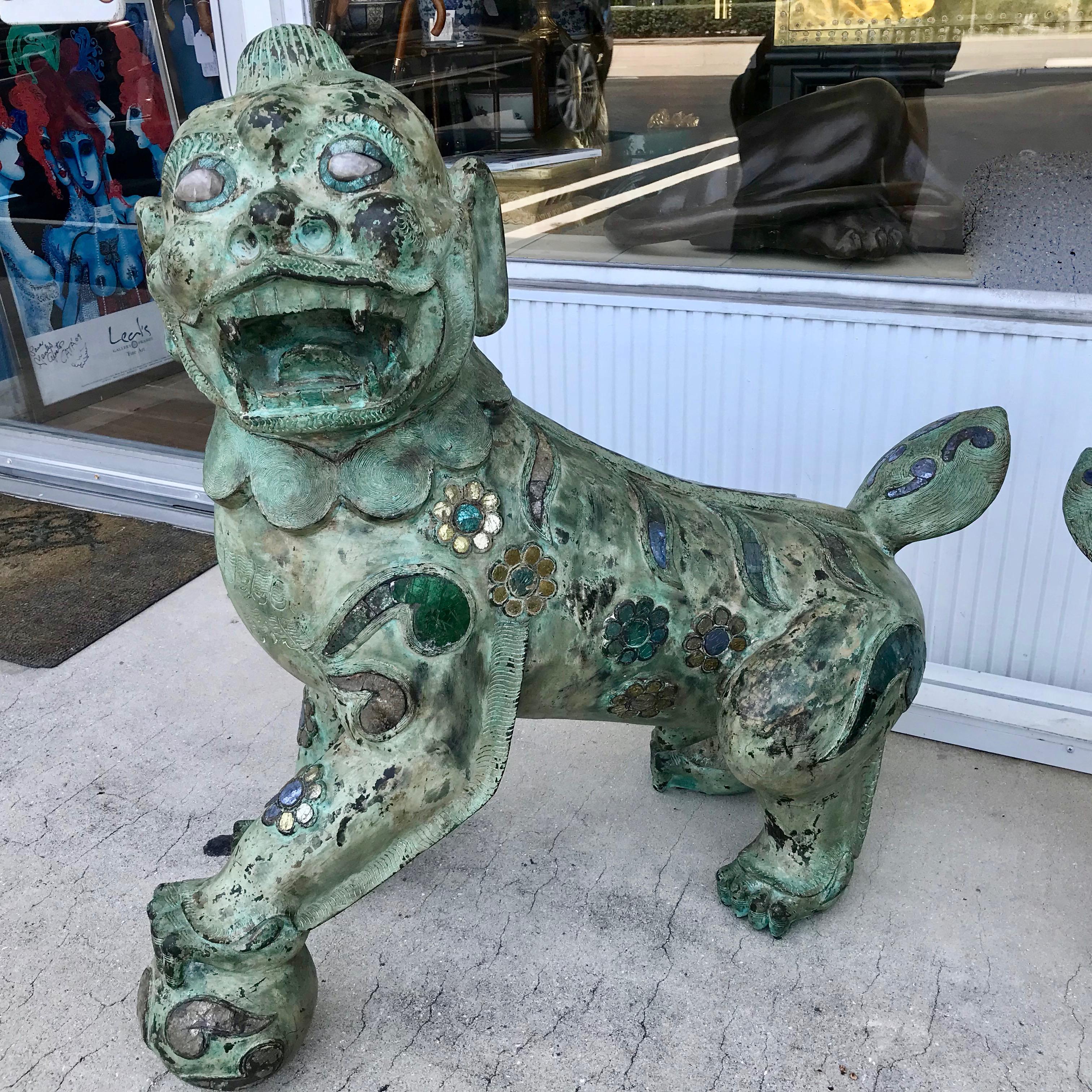Pair of Enormous Bronze Foo Dogs with Inlays For Sale 3