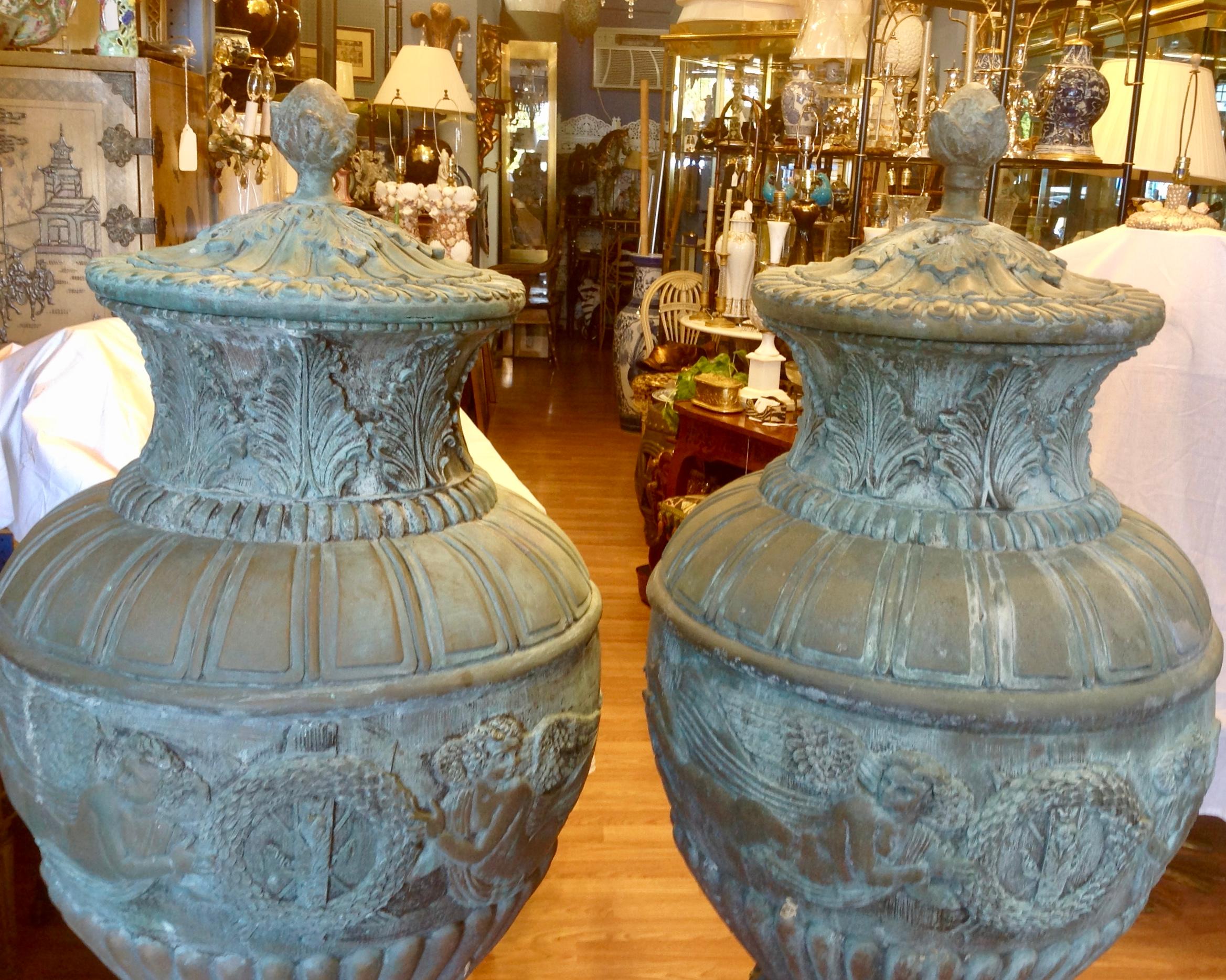 Pair of Enormous Bronze Urns In Good Condition In West Palm Beach, FL