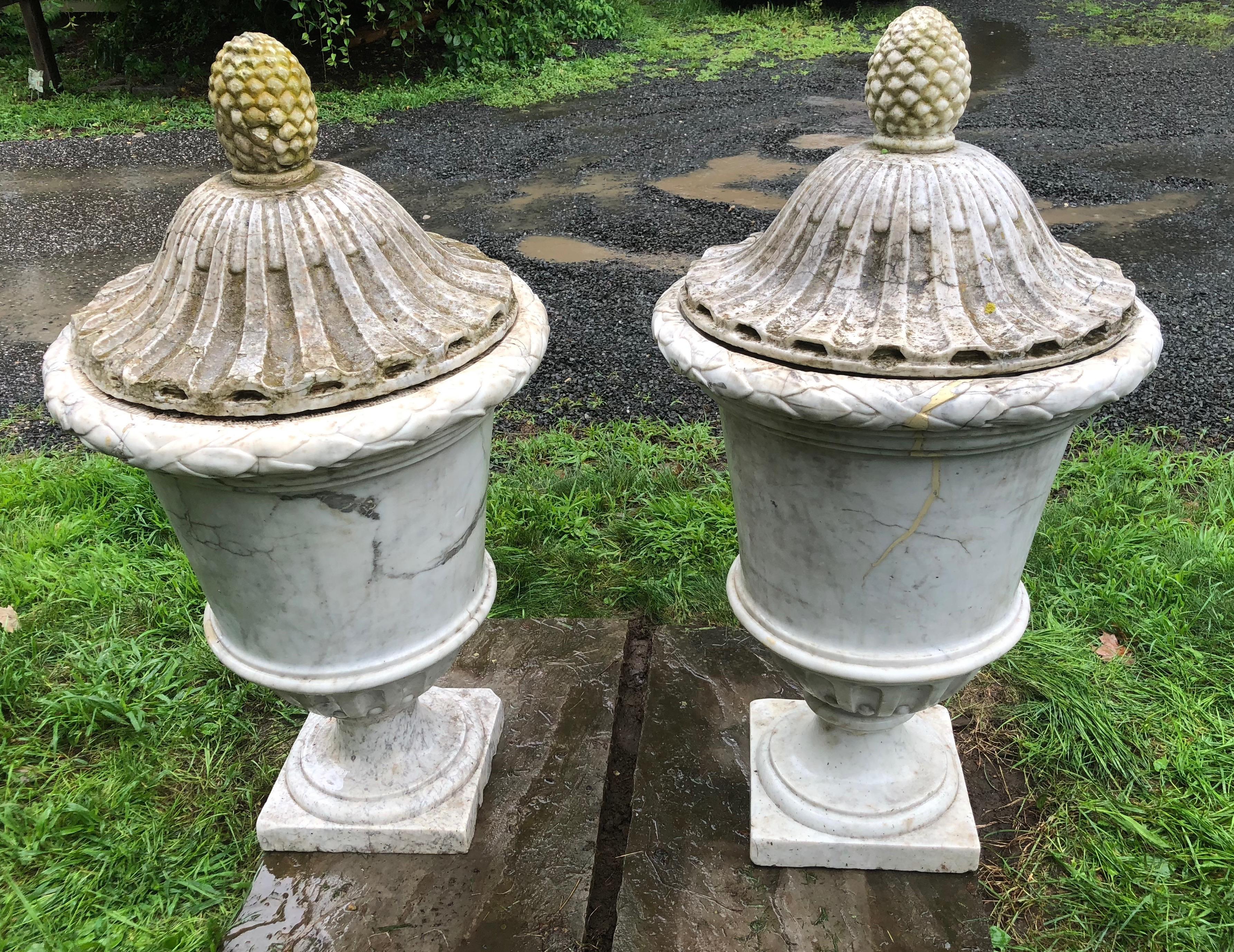 Italian Pair of Enormous Covered Marble Urns from Oprah Winfrey's Personal Collection For Sale