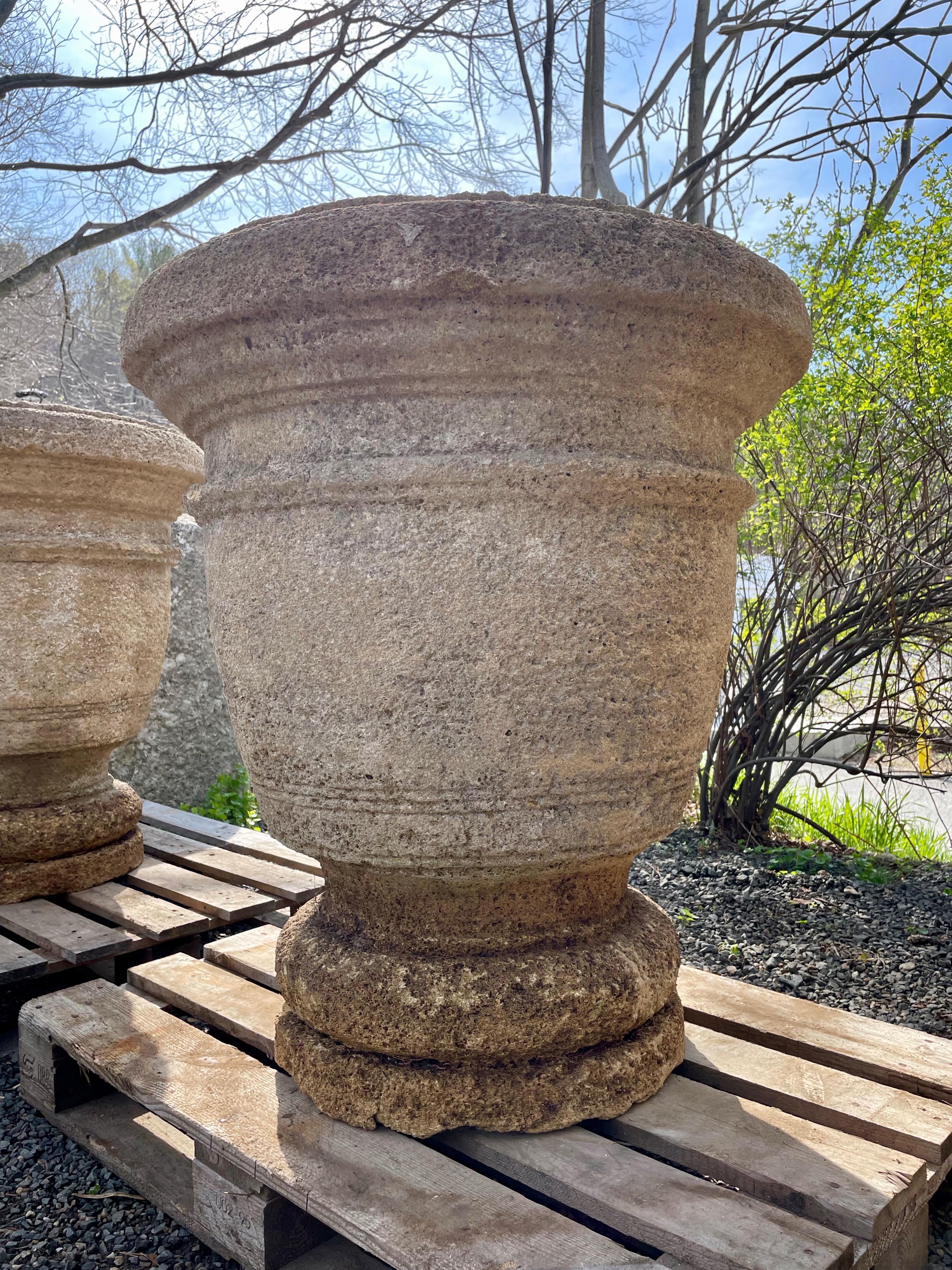 Pair of Enormous French Hand-Carved Stone Planters on Integral Feet 11