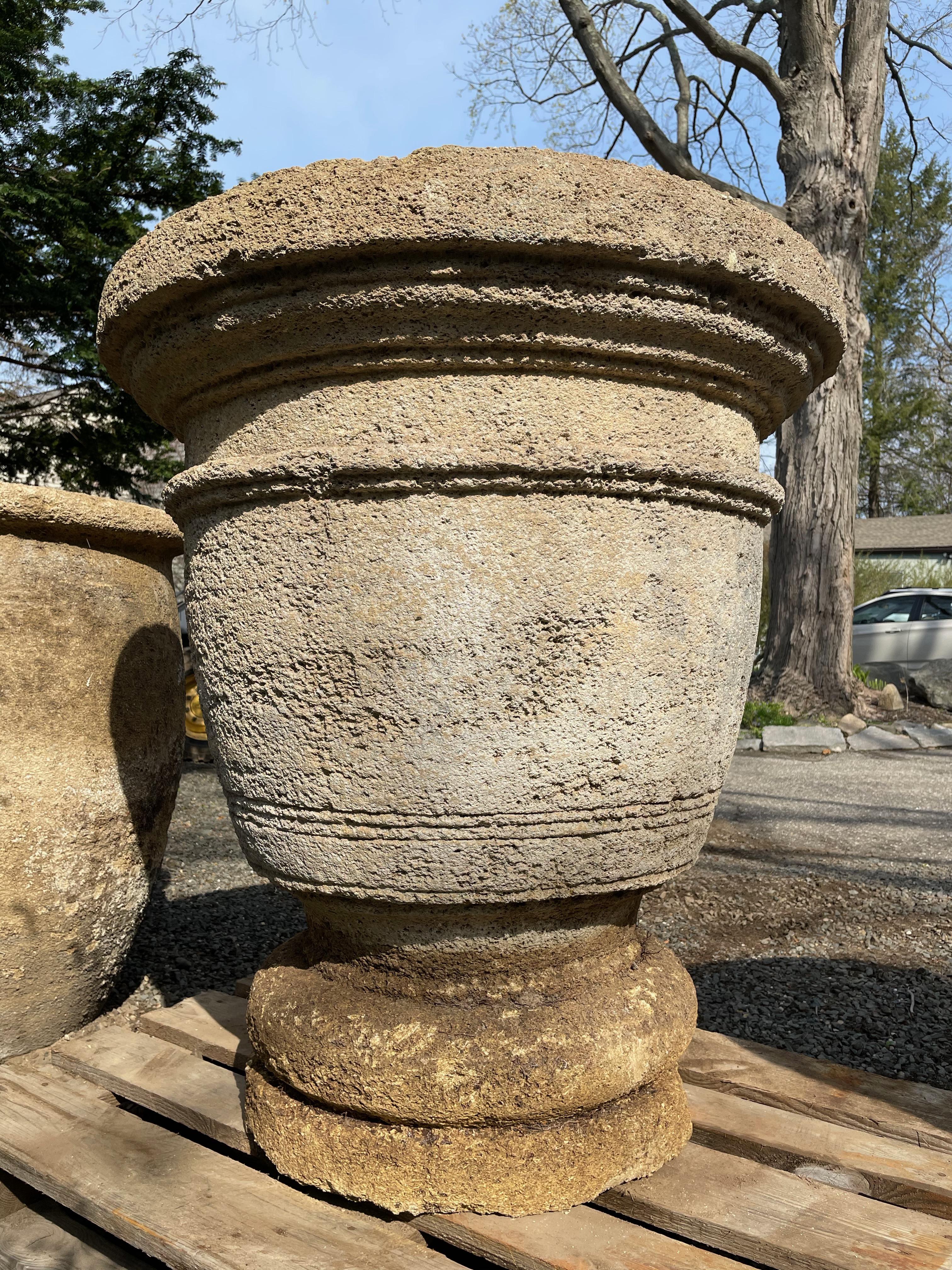 Pair of Enormous French Hand-Carved Stone Planters on Integral Feet 12