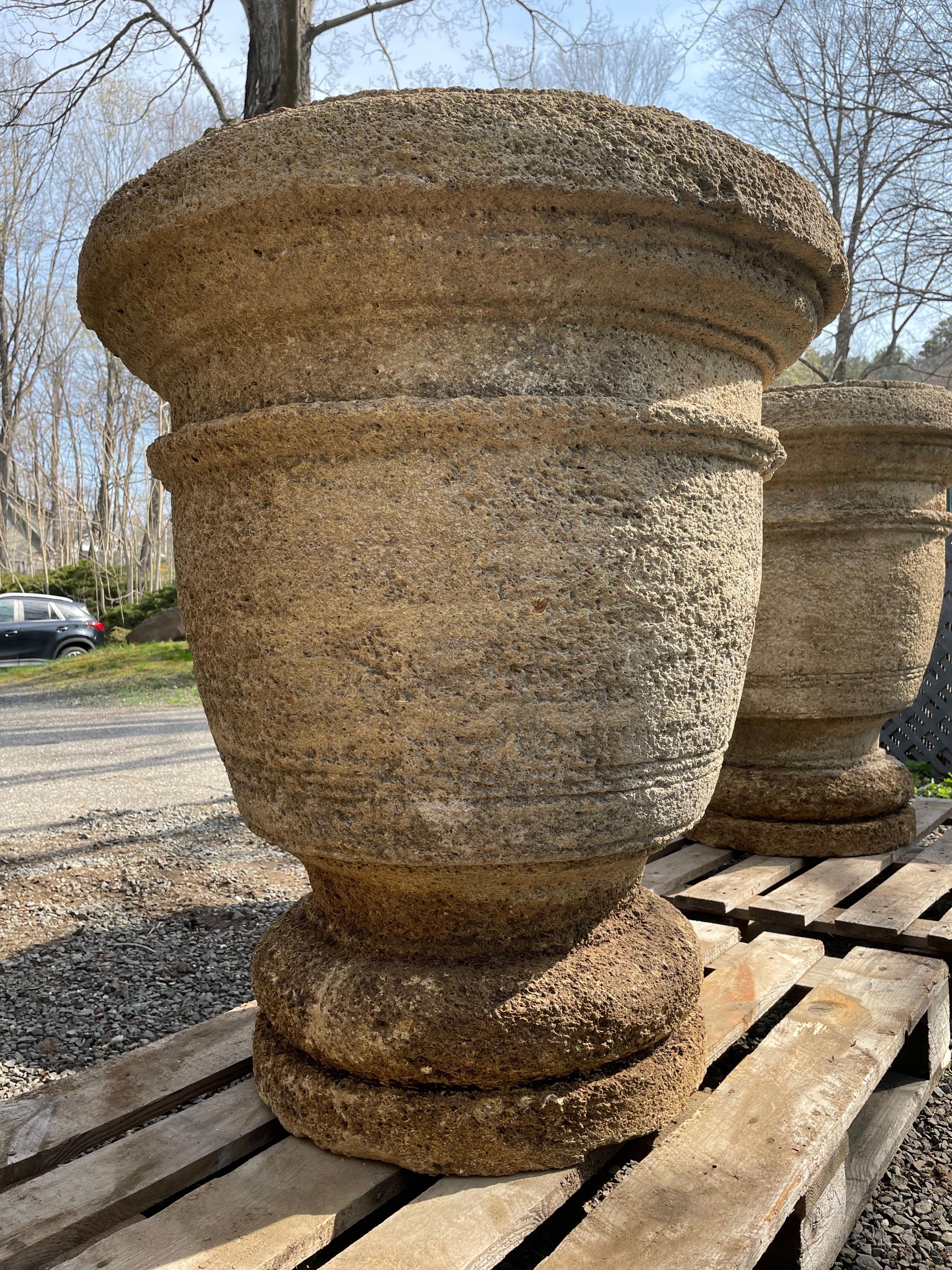 Pair of Enormous French Hand-Carved Stone Planters on Integral Feet 13