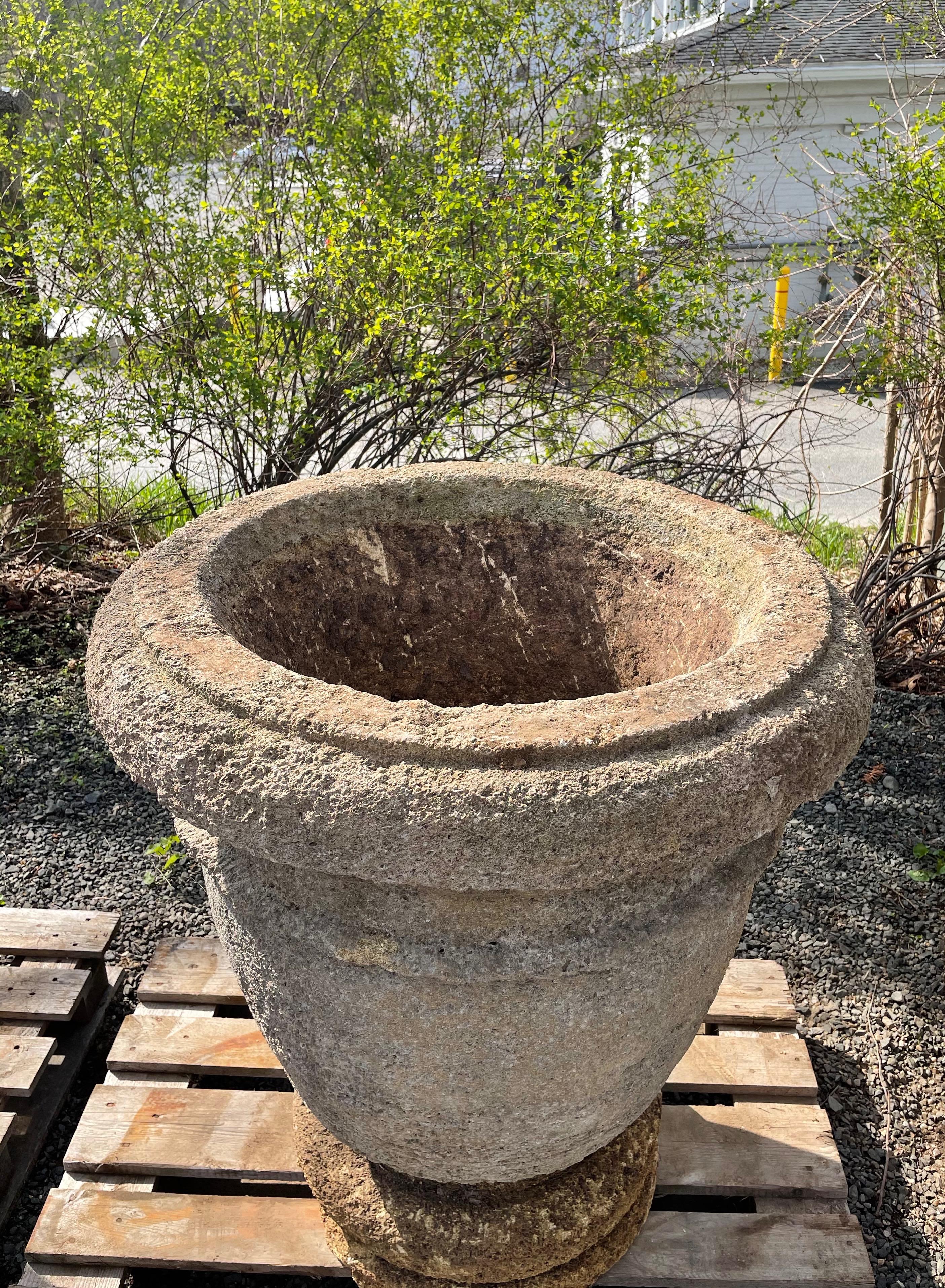 Pair of Enormous French Hand-Carved Stone Planters on Integral Feet 14