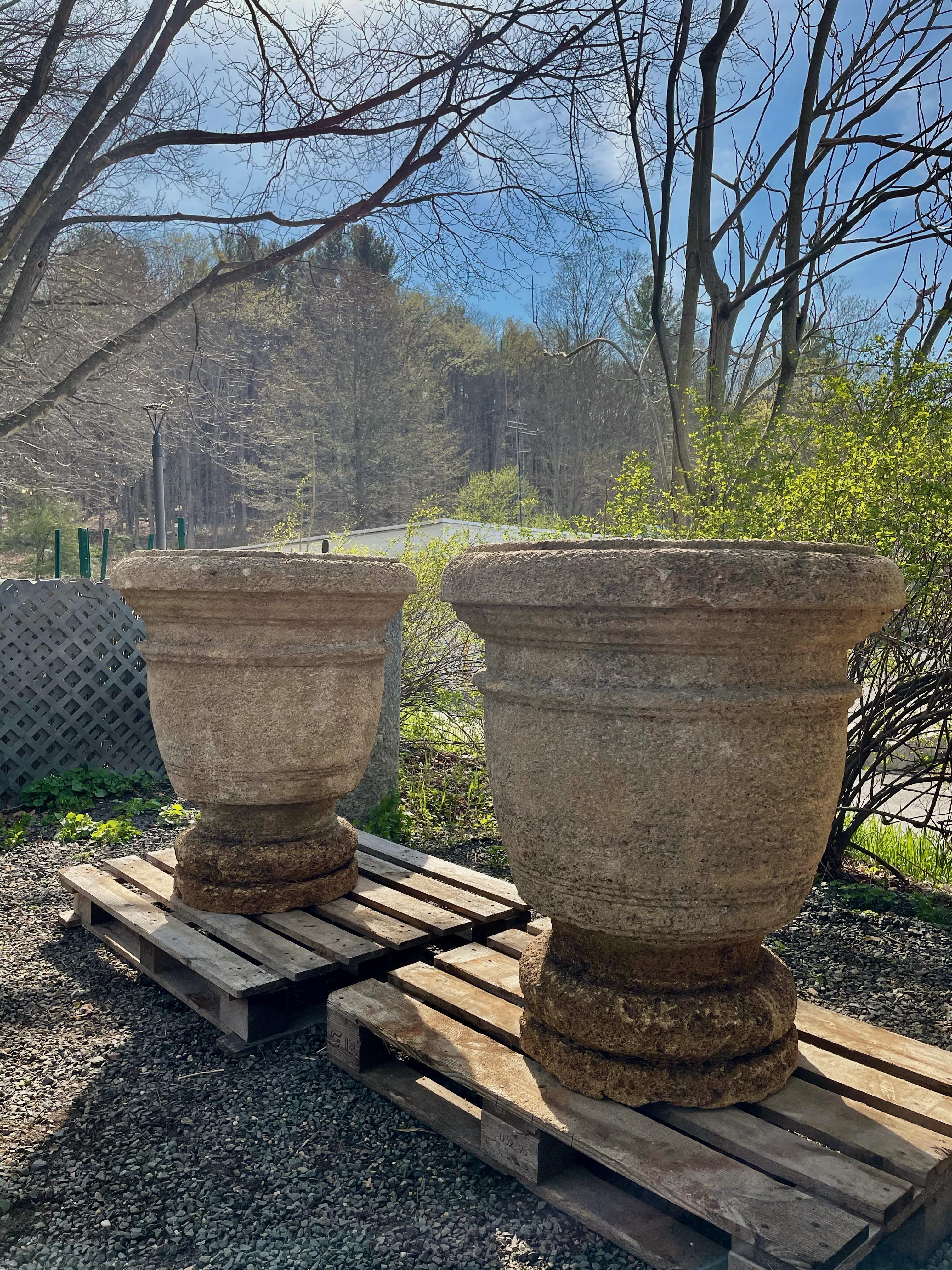 20th Century Pair of Enormous French Hand-Carved Stone Planters on Integral Feet