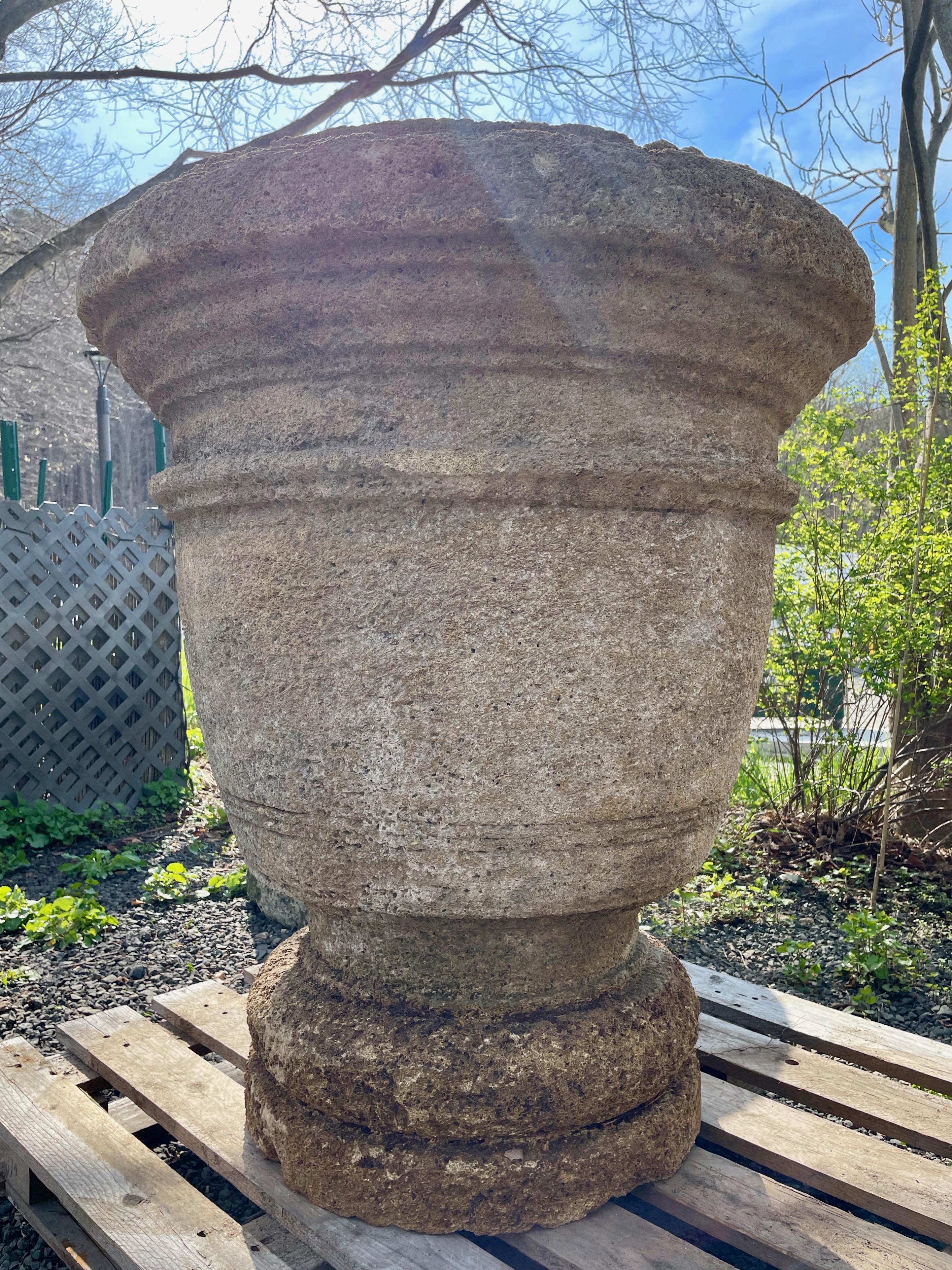 Pair of Enormous French Hand-Carved Stone Planters on Integral Feet 2