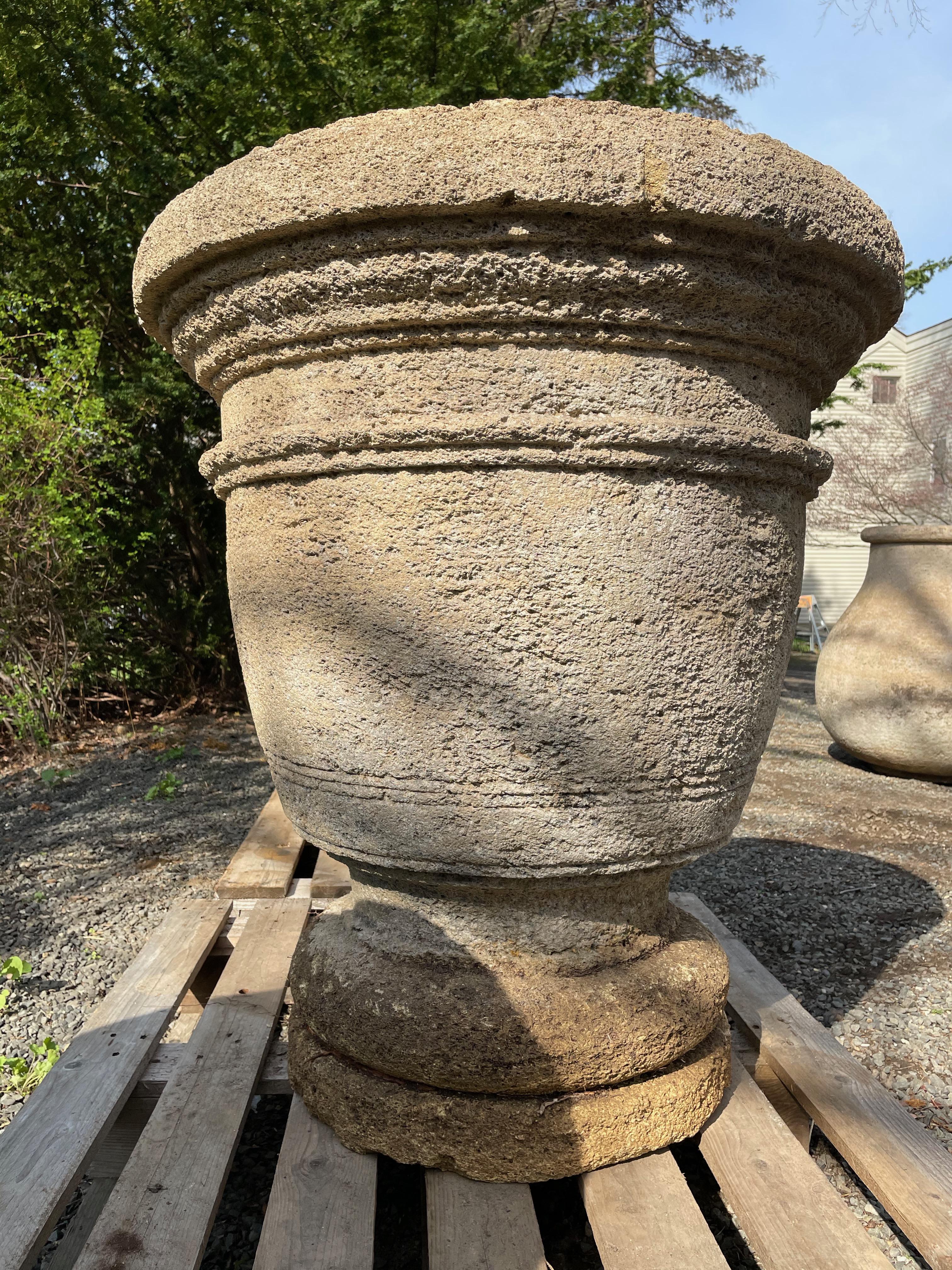 Pair of Enormous French Hand-Carved Stone Planters on Integral Feet 3