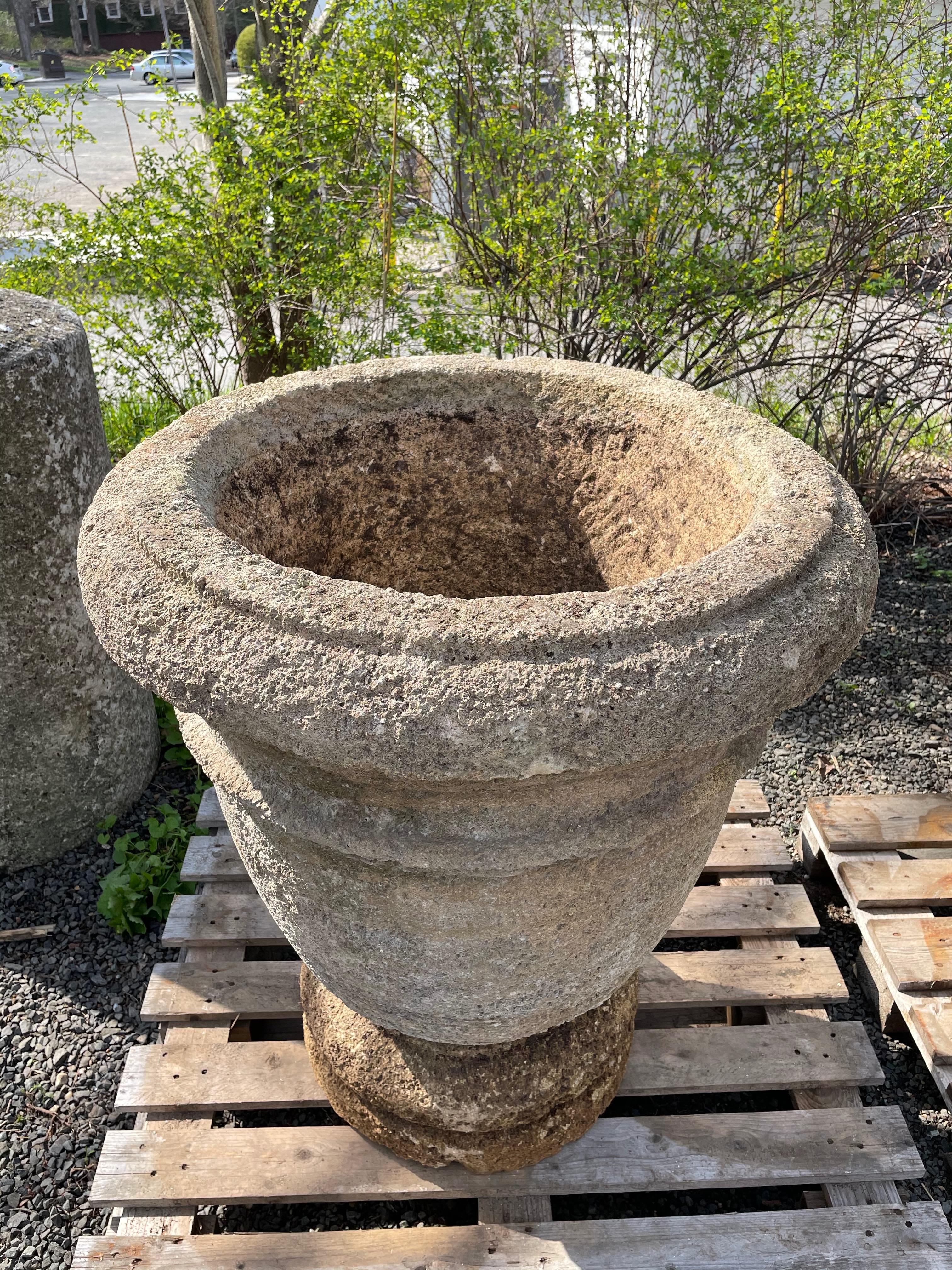 Pair of Enormous French Hand-Carved Stone Planters on Integral Feet 4