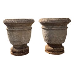 Used Pair of Enormous French Hand-Carved Stone Planters on Integral Feet