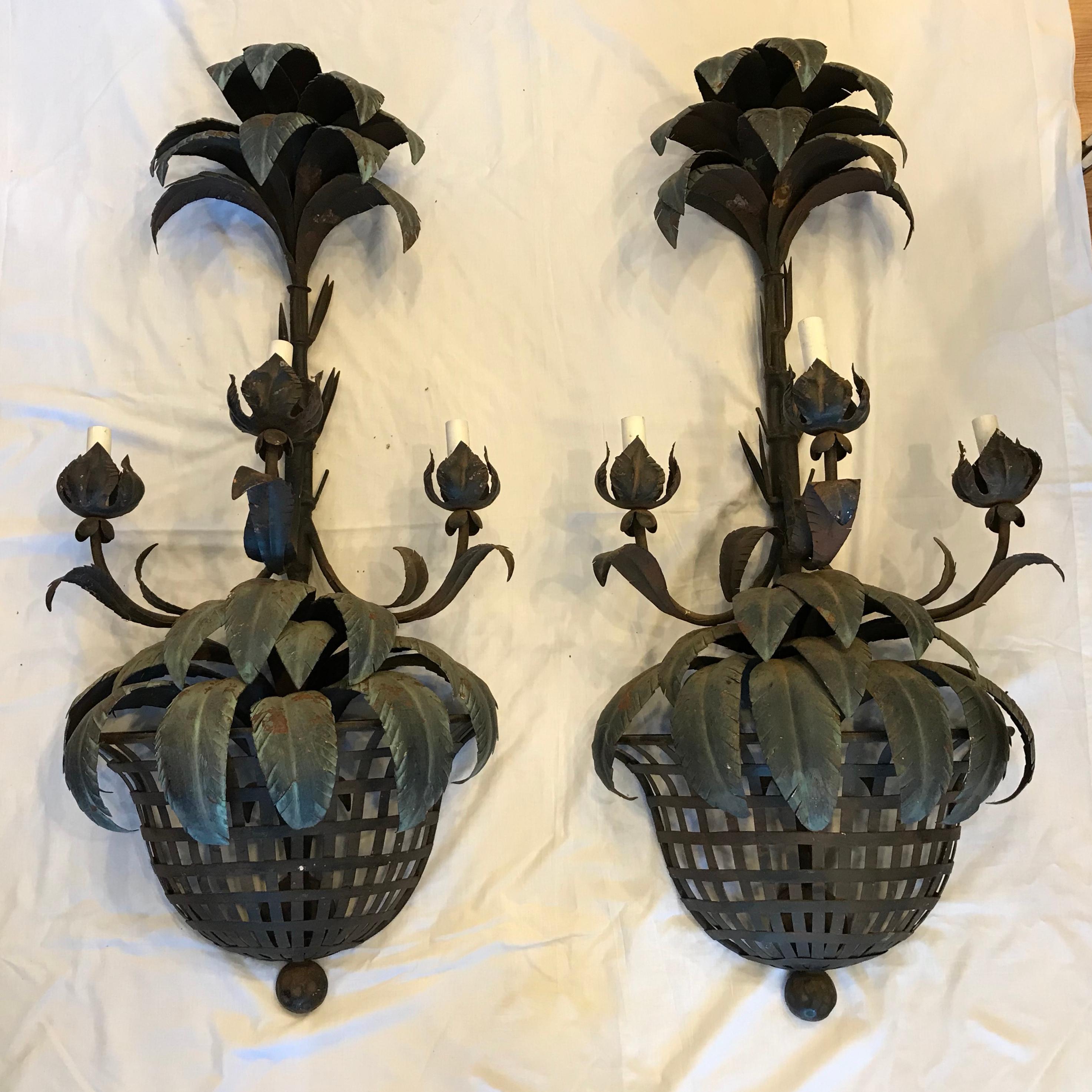 Old Palm Beach sconces removed from a loggia of a grand old house.
Weathered painted metal finish.
Dramatic in style, scale, and proportions. Electrified.