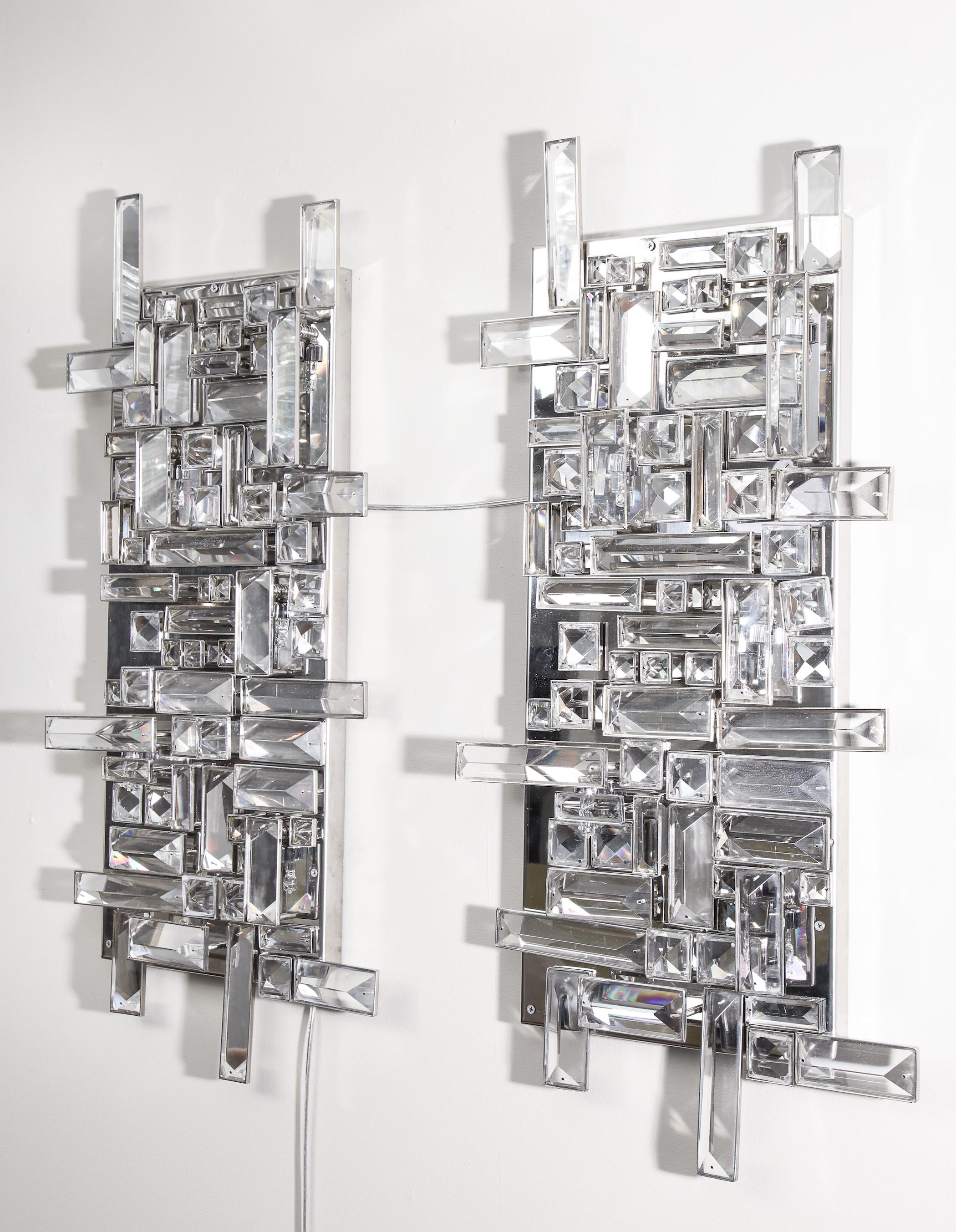 Modern Pair of Enormous Polished Nickel Sconces with Austrian Baguette Crystals For Sale