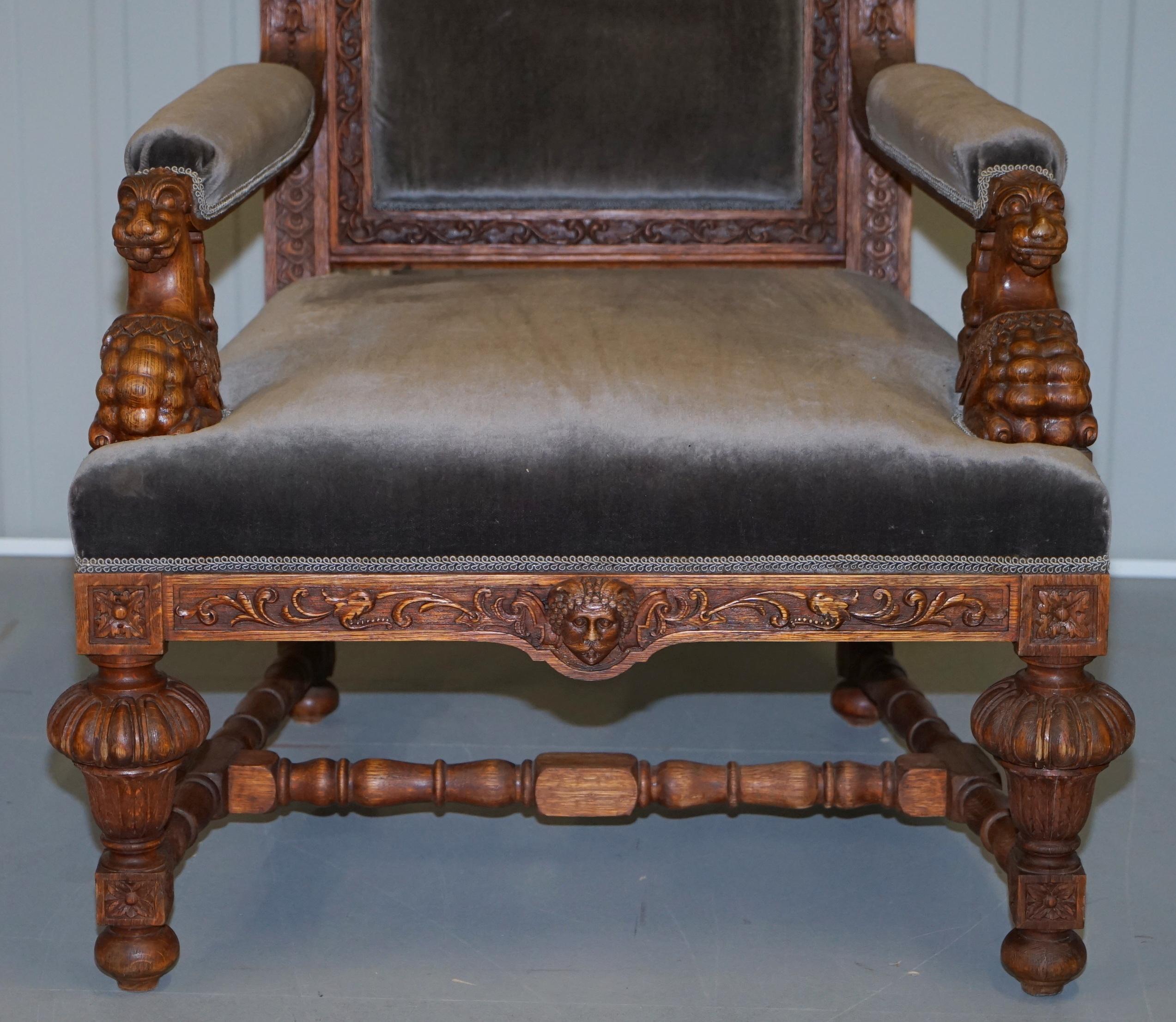 Pair of Enormous Victorian Jacobean Revival Cherub Putti Carved Throne Armchairs 4