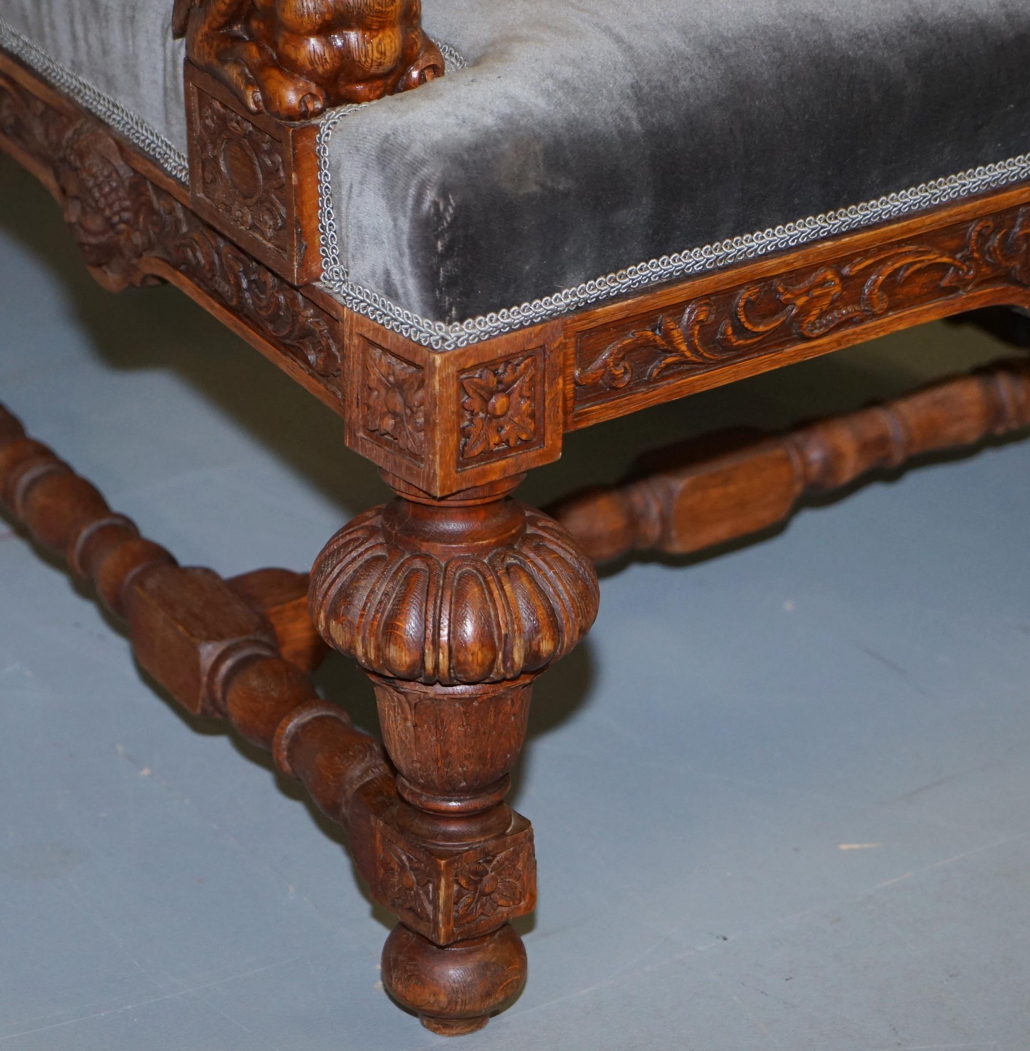Pair of Enormous Victorian Jacobean Revival Cherub Putti Carved Throne Armchairs 5