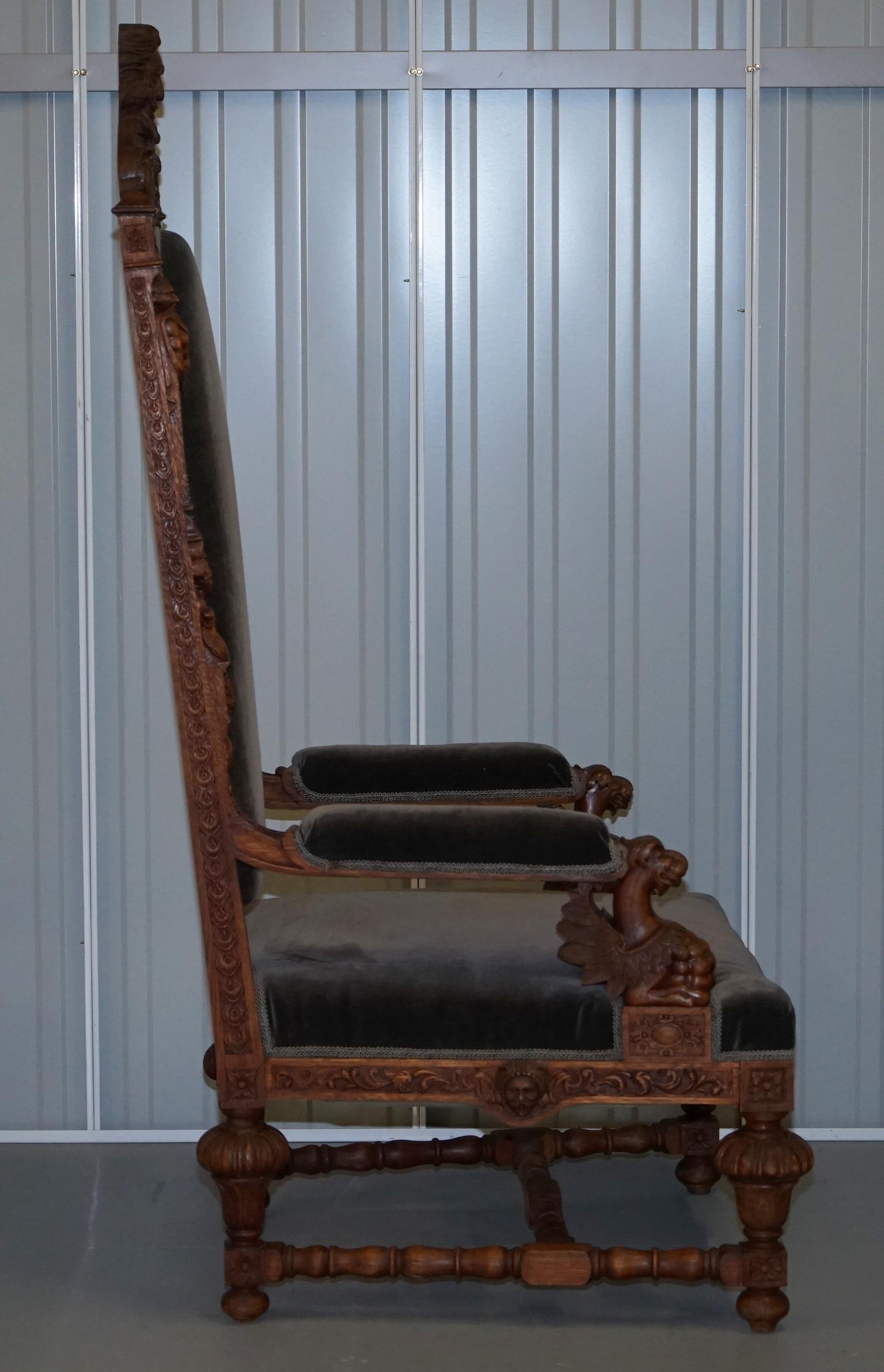 Pair of Enormous Victorian Jacobean Revival Cherub Putti Carved Throne Armchairs 5