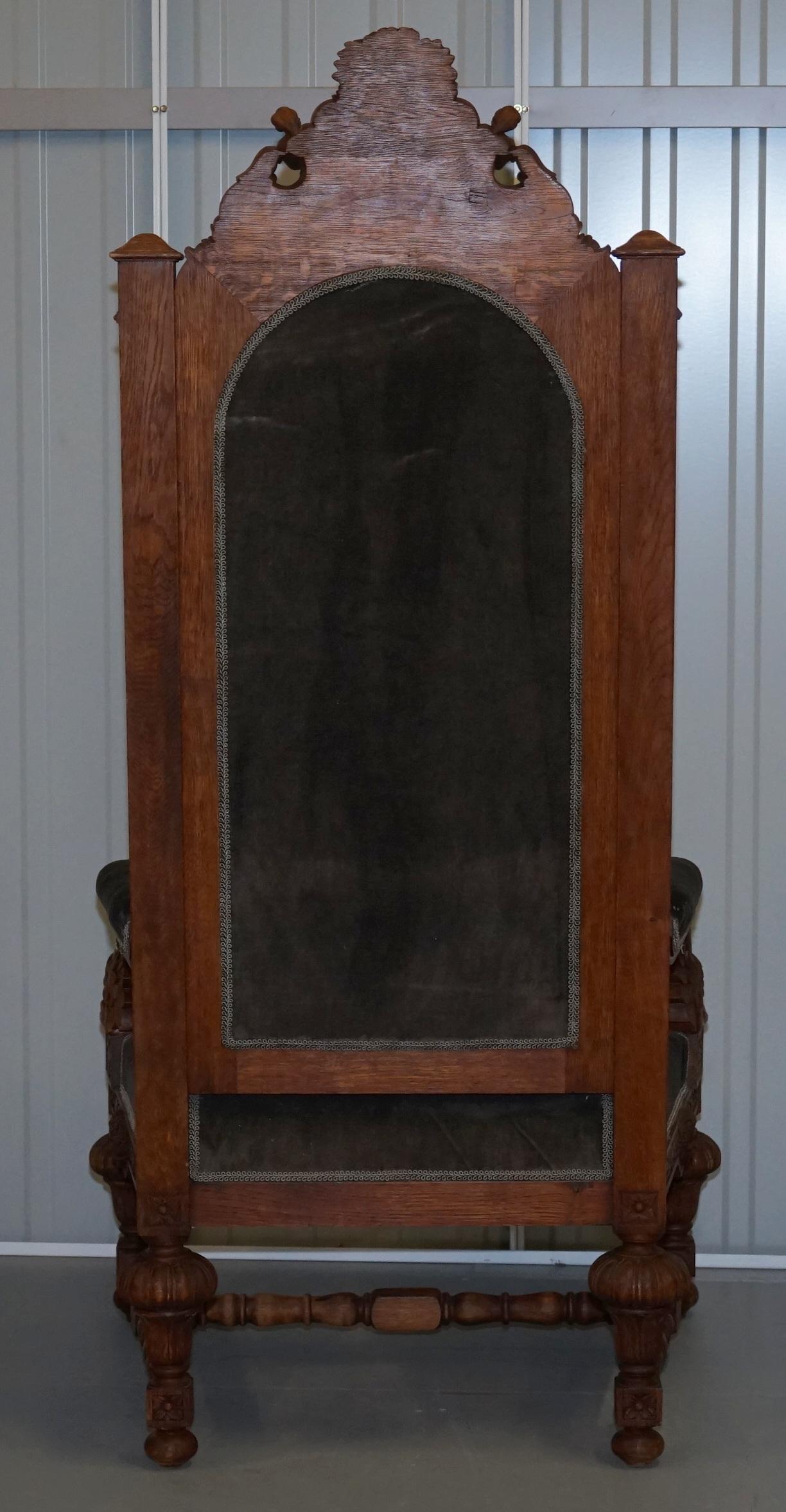 Pair of Enormous Victorian Jacobean Revival Cherub Putti Carved Throne Armchairs 7