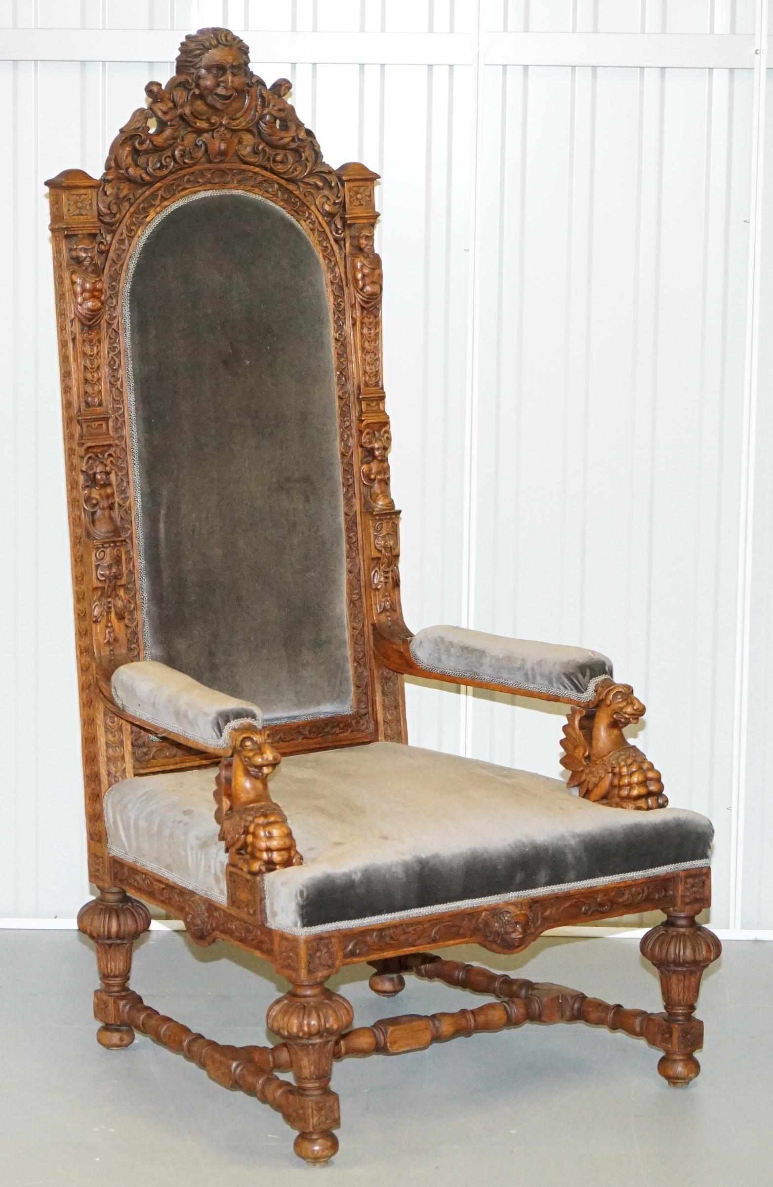 Pair of Enormous Victorian Jacobean Revival Cherub Putti Carved Throne Armchairs 8