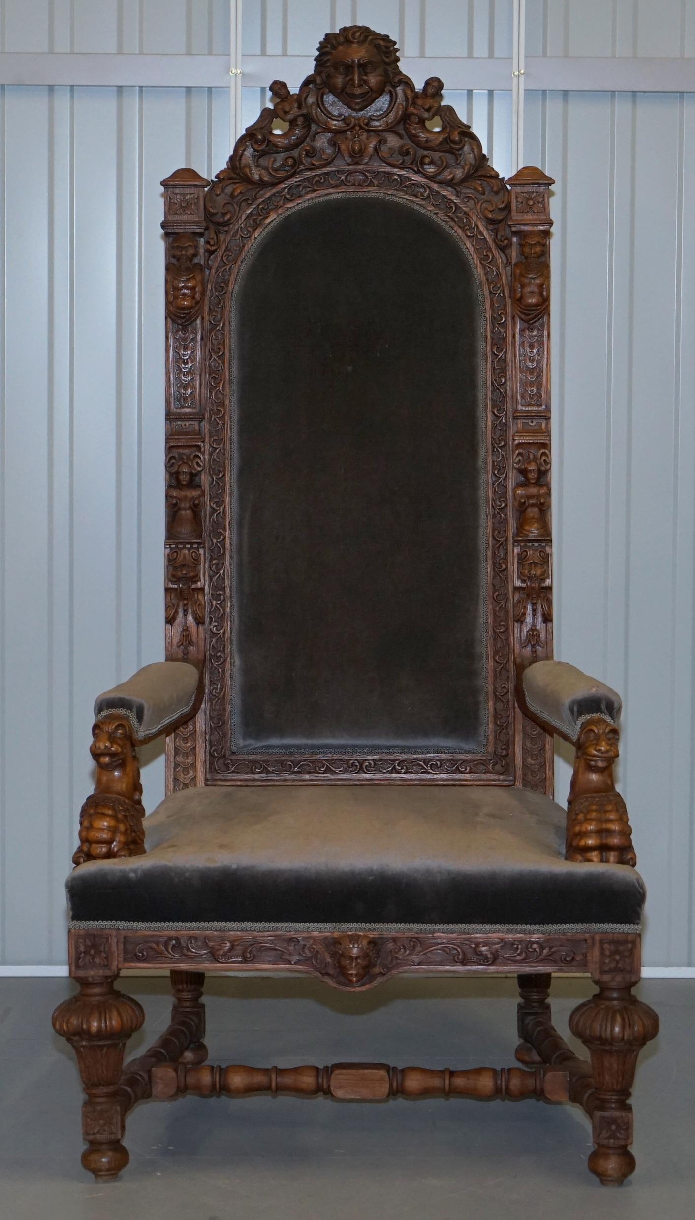 Pair of Enormous Victorian Jacobean Revival Cherub Putti Carved Throne Armchairs 9