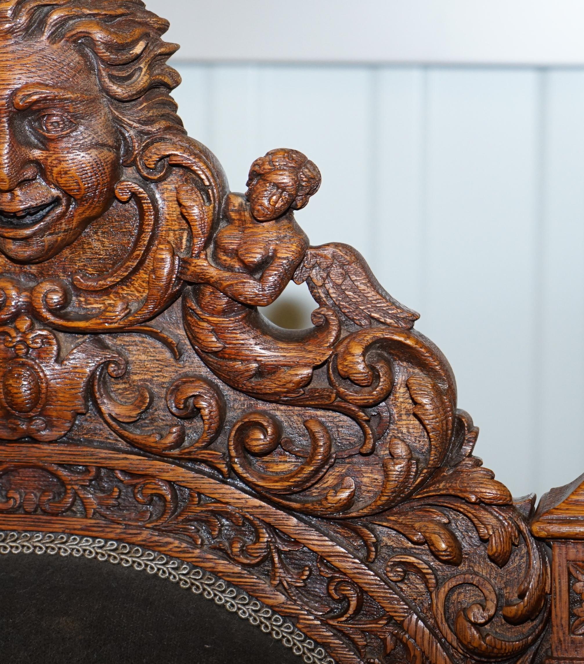 Pair of Enormous Victorian Jacobean Revival Cherub Putti Carved Throne Armchairs 10