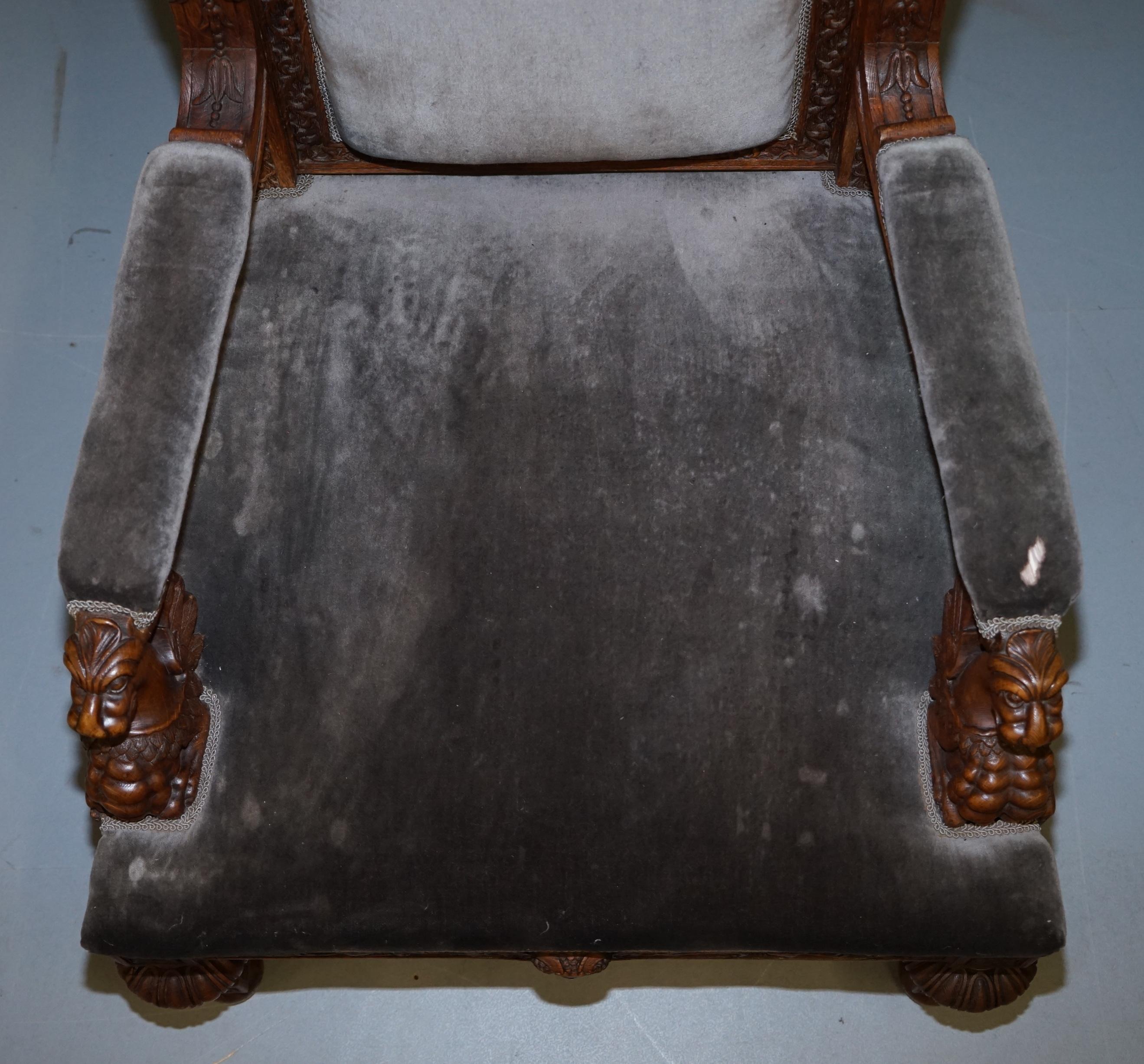 Pair of Enormous Victorian Jacobean Revival Cherub Putti Carved Throne Armchairs 11