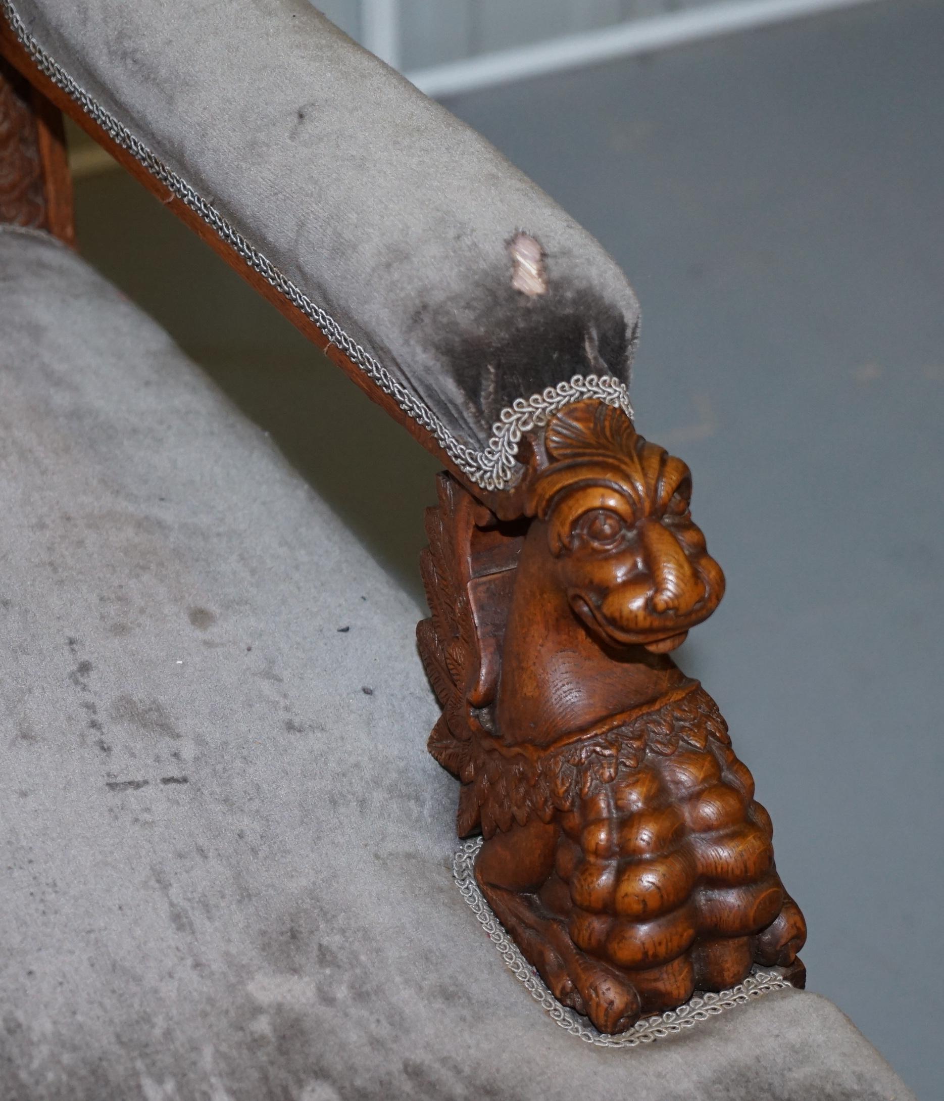 Pair of Enormous Victorian Jacobean Revival Cherub Putti Carved Throne Armchairs 11