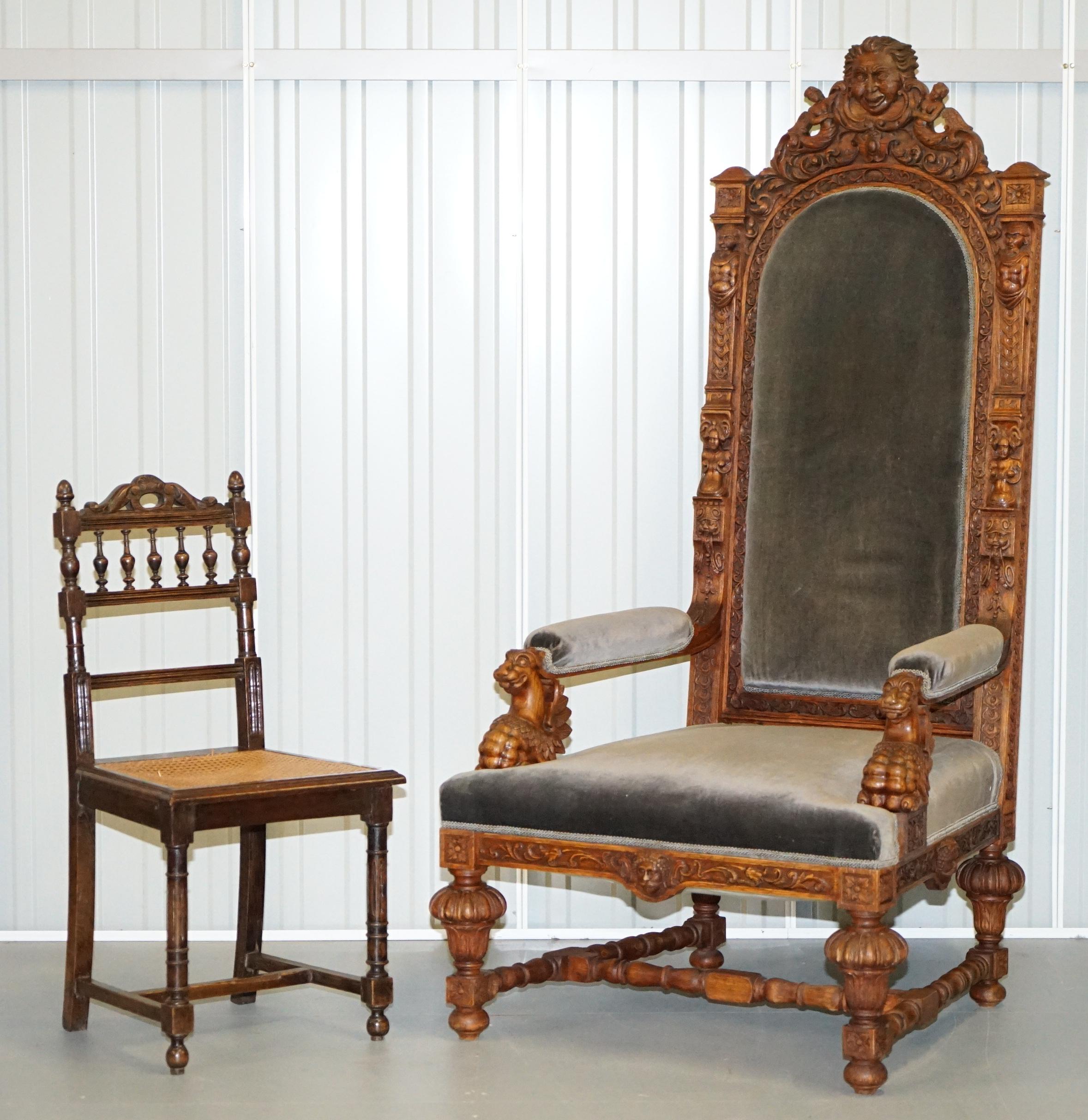 We are delighted to offer for sale this pair of absolutely enormous Jacobean revival Victorian hand carved English oak throne armchairs 

A very decorative and well made pair, hand carved from solid slabs of English oak, the top crests depict