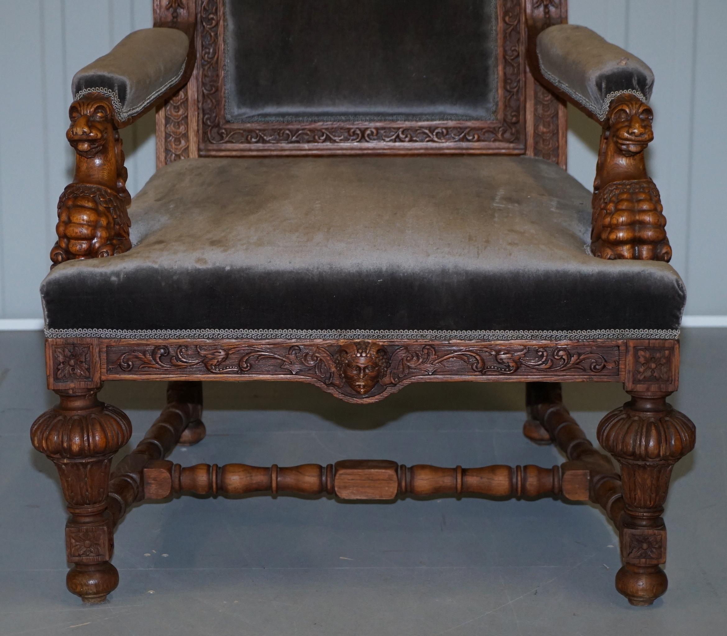 Pair of Enormous Victorian Jacobean Revival Cherub Putti Carved Throne Armchairs 13