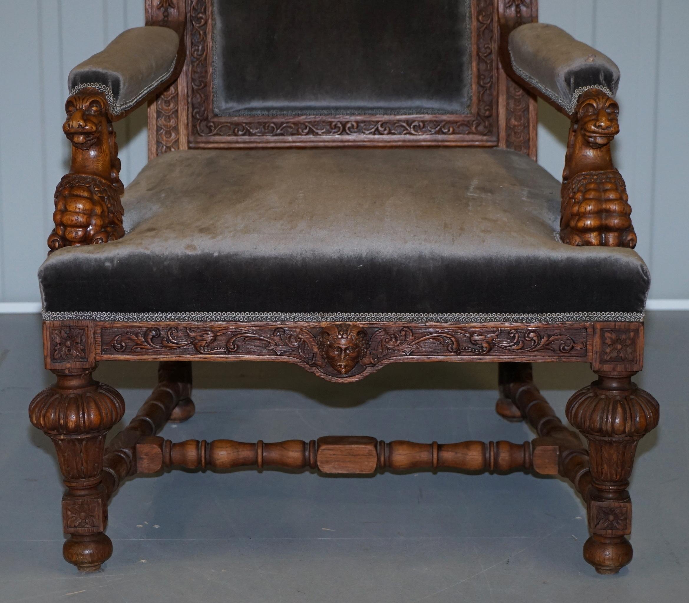 Pair of Enormous Victorian Jacobean Revival Cherub Putti Carved Throne Armchairs 12