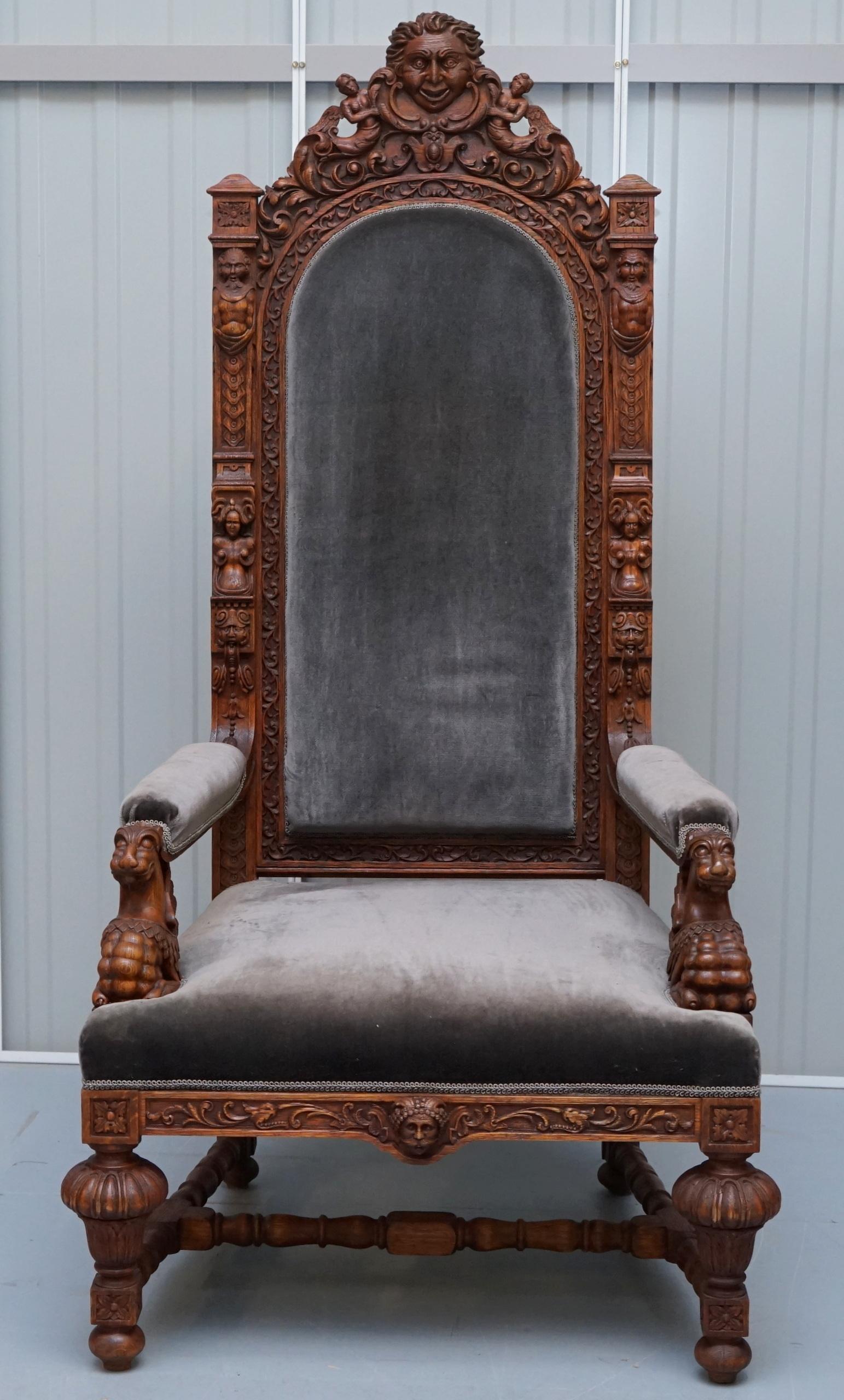 English Pair of Enormous Victorian Jacobean Revival Cherub Putti Carved Throne Armchairs