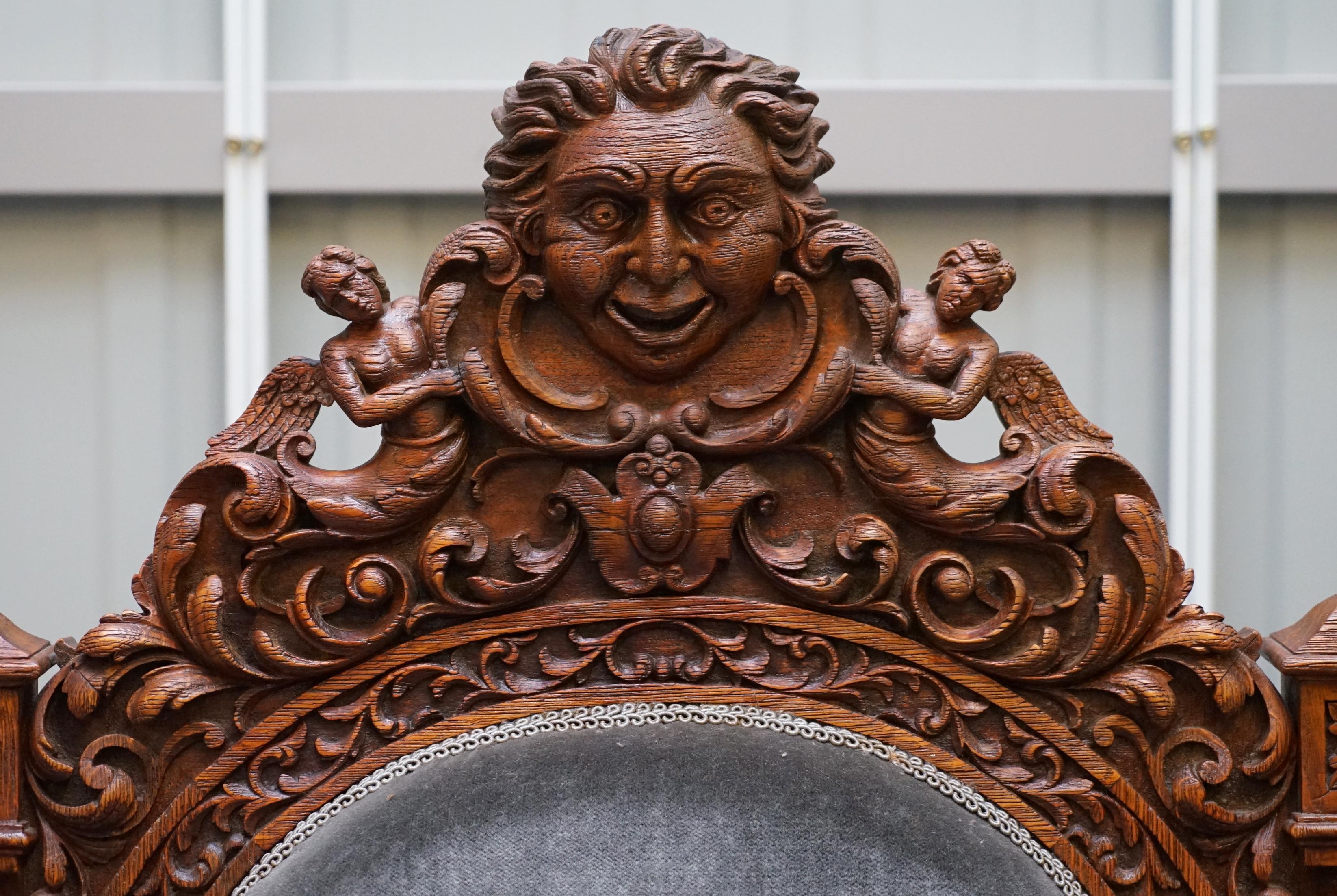 Pair of Enormous Victorian Jacobean Revival Cherub Putti Carved Throne Armchairs In Good Condition In West Sussex, Pulborough