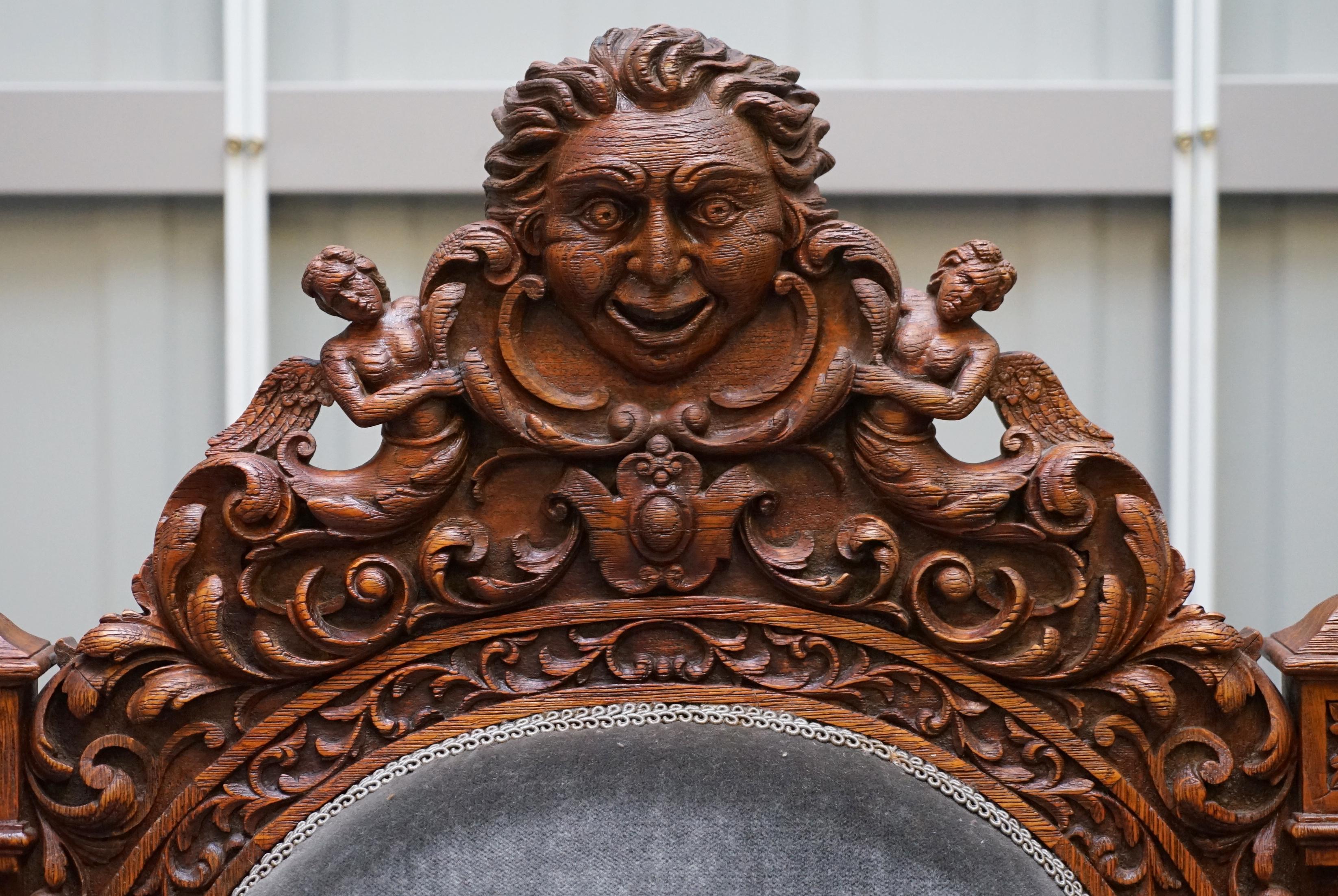 19th Century Pair of Enormous Victorian Jacobean Revival Cherub Putti Carved Throne Armchairs