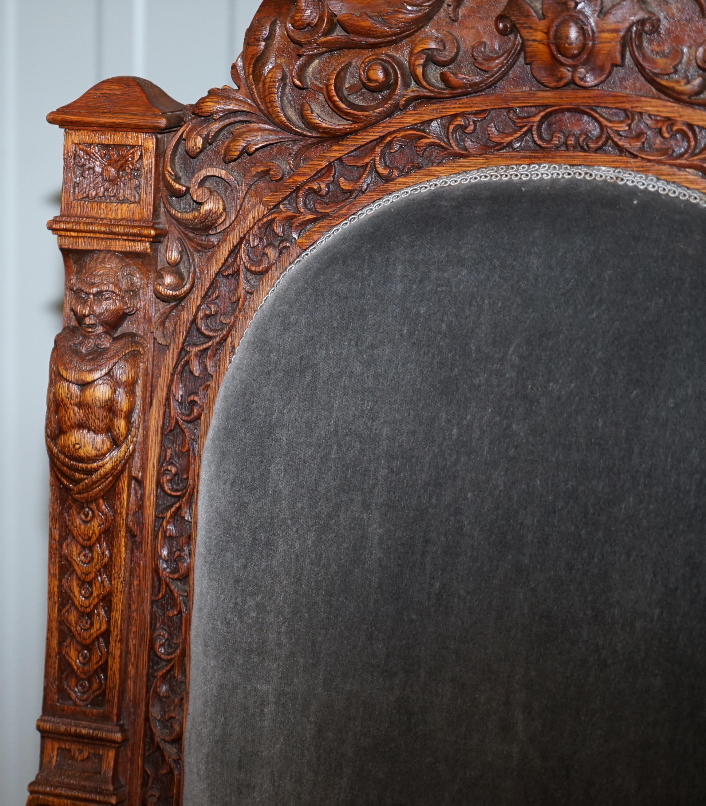 Oak Pair of Enormous Victorian Jacobean Revival Cherub Putti Carved Throne Armchairs