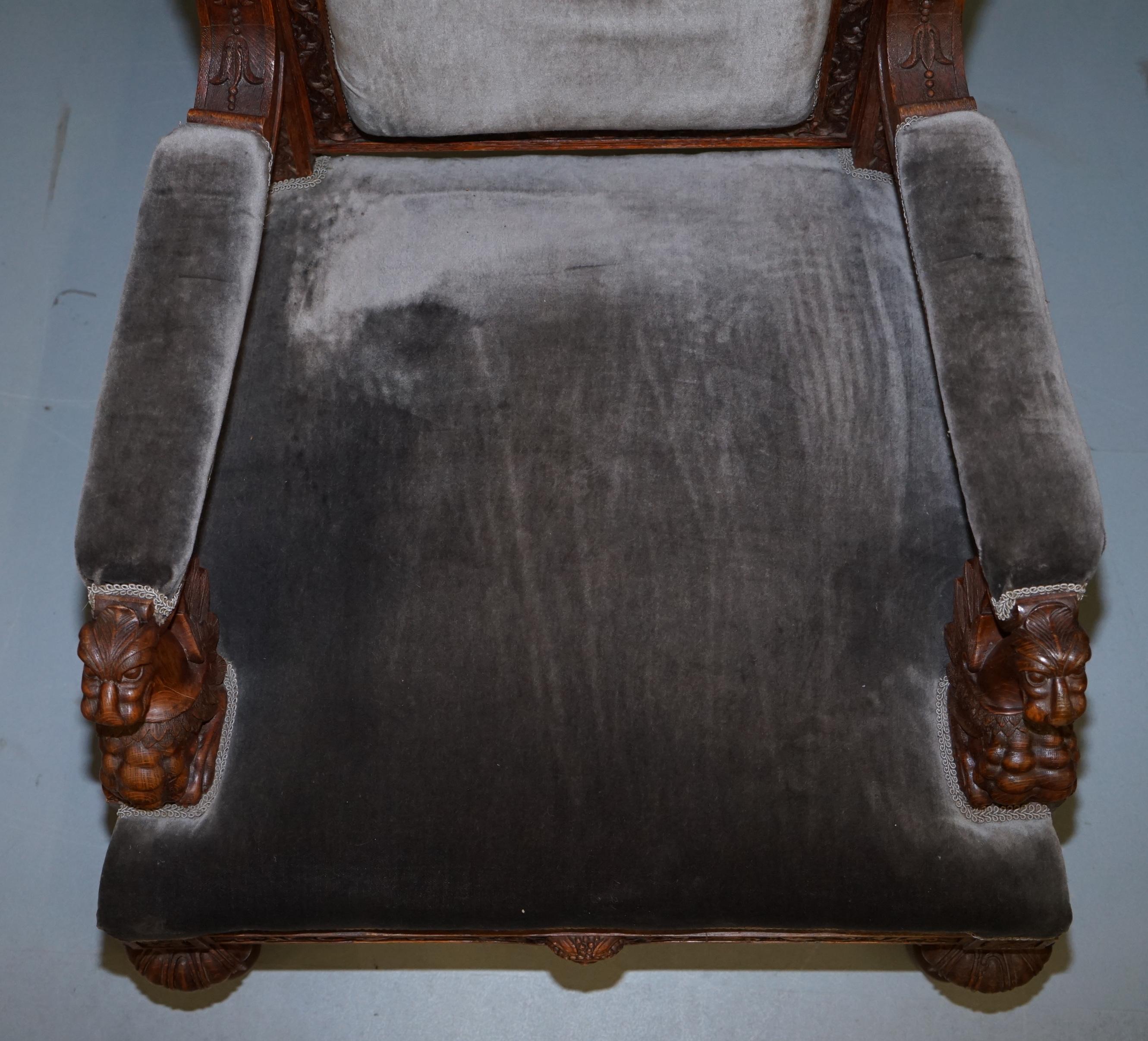 Pair of Enormous Victorian Jacobean Revival Cherub Putti Carved Throne Armchairs 1