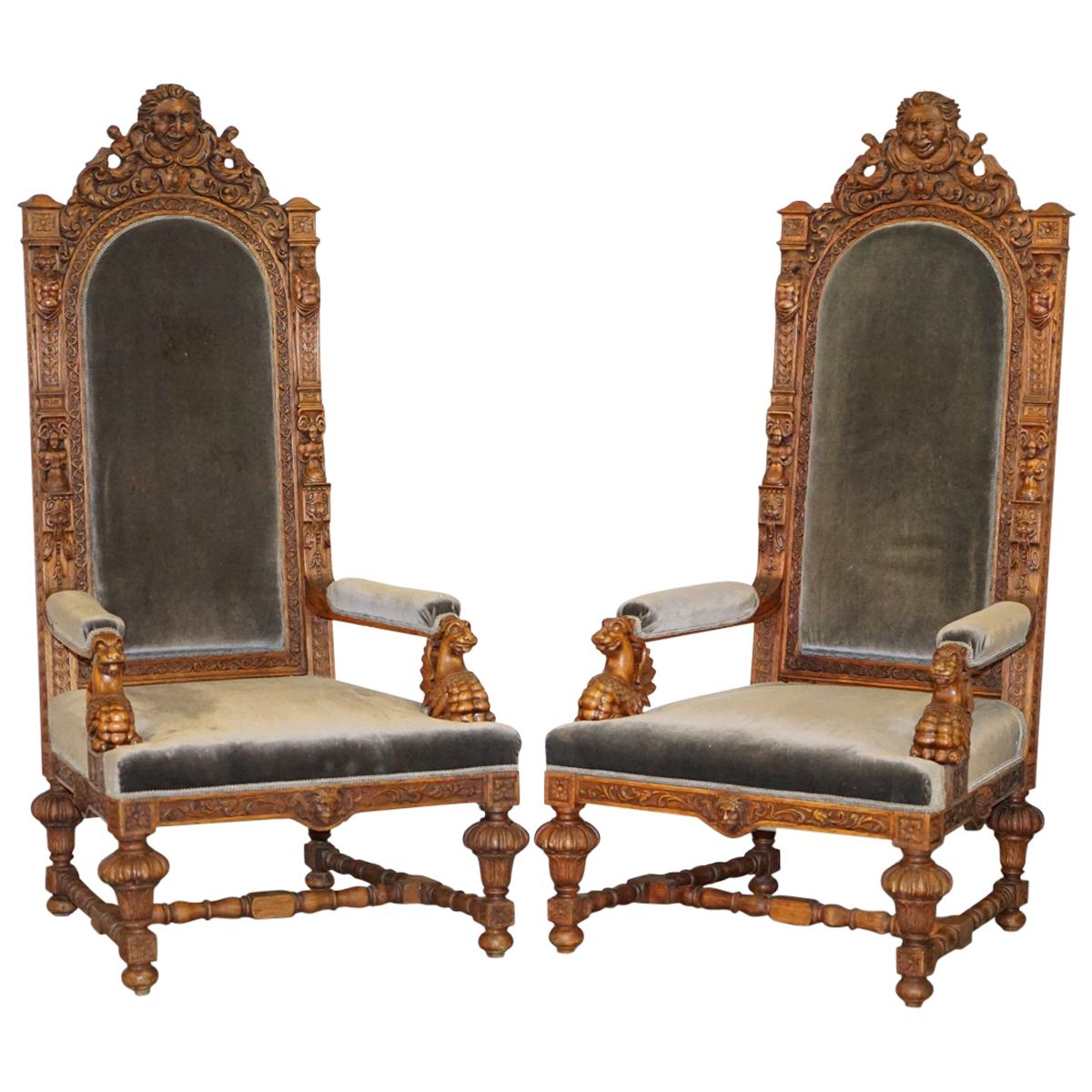 Pair of Enormous Victorian Jacobean Revival Cherub Putti Carved Throne Armchairs
