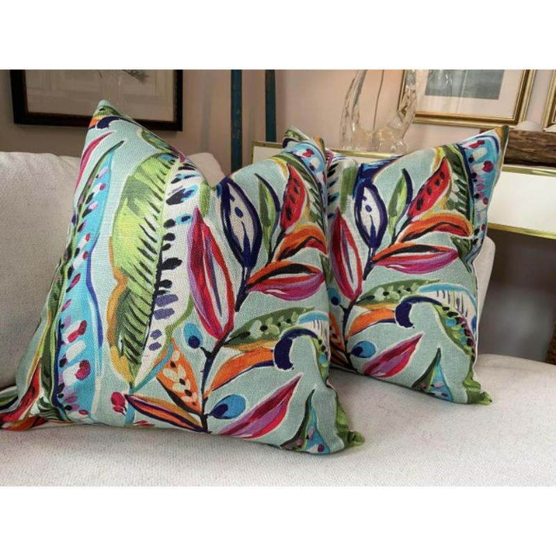 Art Déco Coppia di cuscini di lusso Enrique DV Kap Bird of Paradise con imbottitura in piuma d'oca anteriore e posteriore in vendita