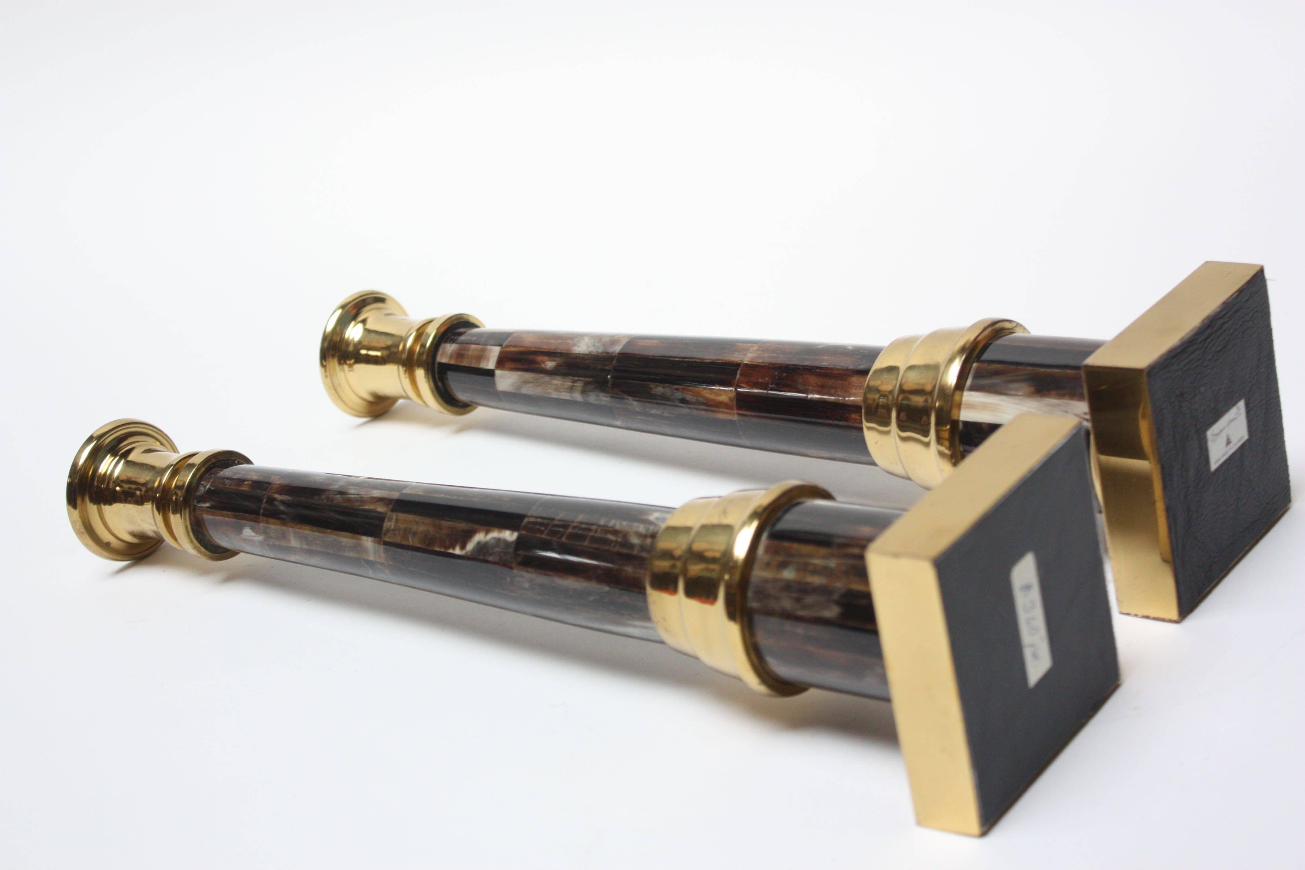 Hollywood Regency Pair of Enrique Garcel Lacquer, Resin and Brass Candlesticks