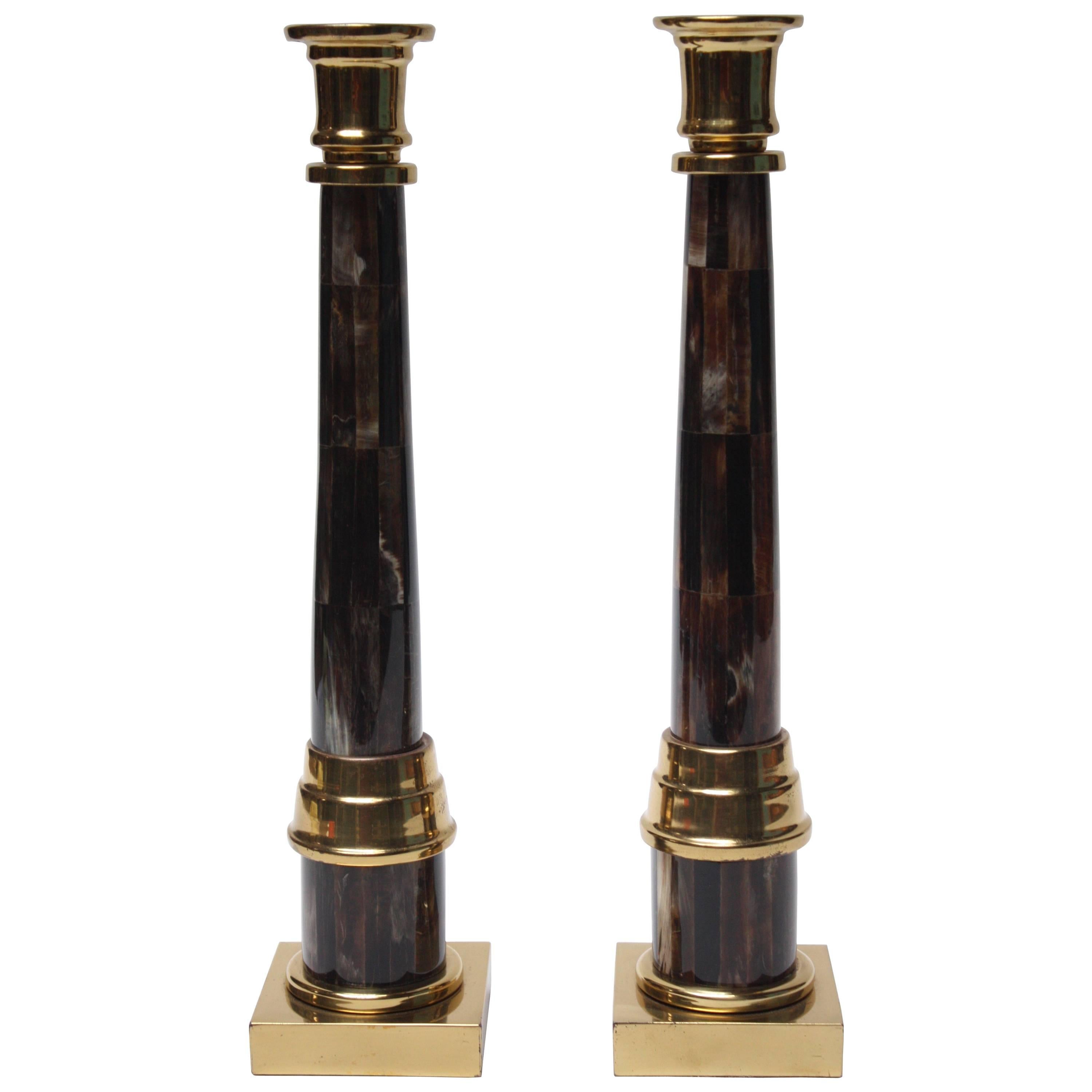 Pair of Enrique Garcel Lacquer, Resin and Brass Candlesticks