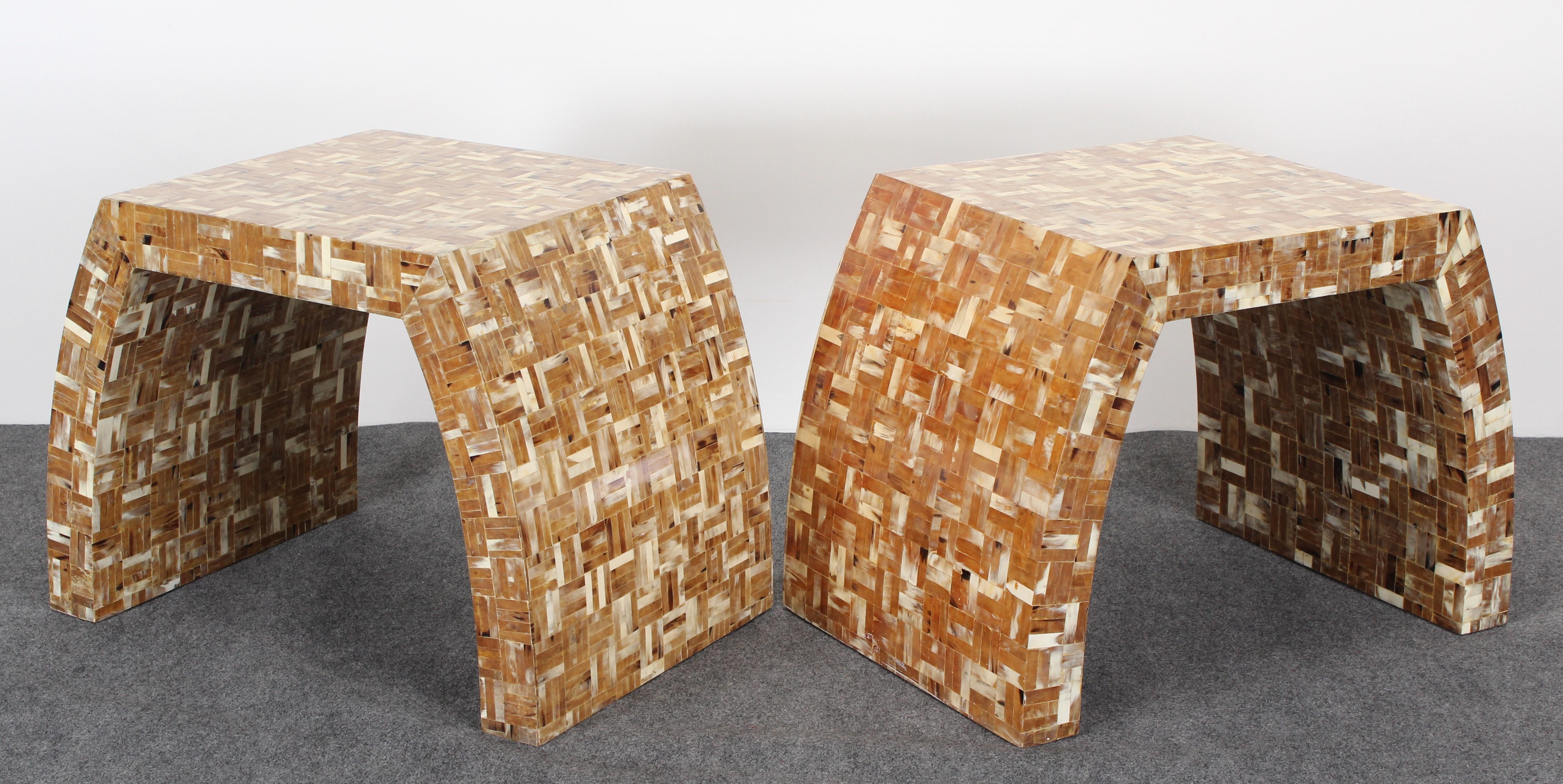 An exquisite pair of Enrique Garcel tessellated horn side tables or end tables. These pieces have an impressive scale and an interesting design. Very good condition with age appropriate wear.

Dimensions: 26