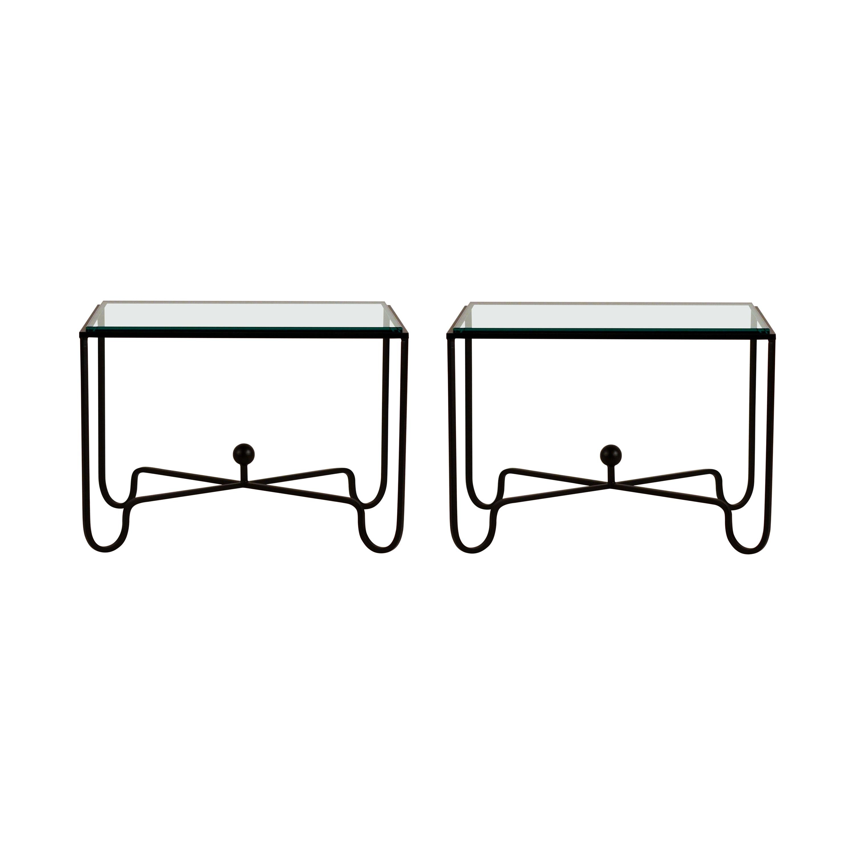 Pair of 'Entretoise' Matte Black and Thick Glass End Tables by Design Frères