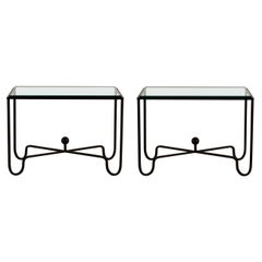 Pair of 'Entretoise' Matte Black and Thick Glass End Tables by Design Frères