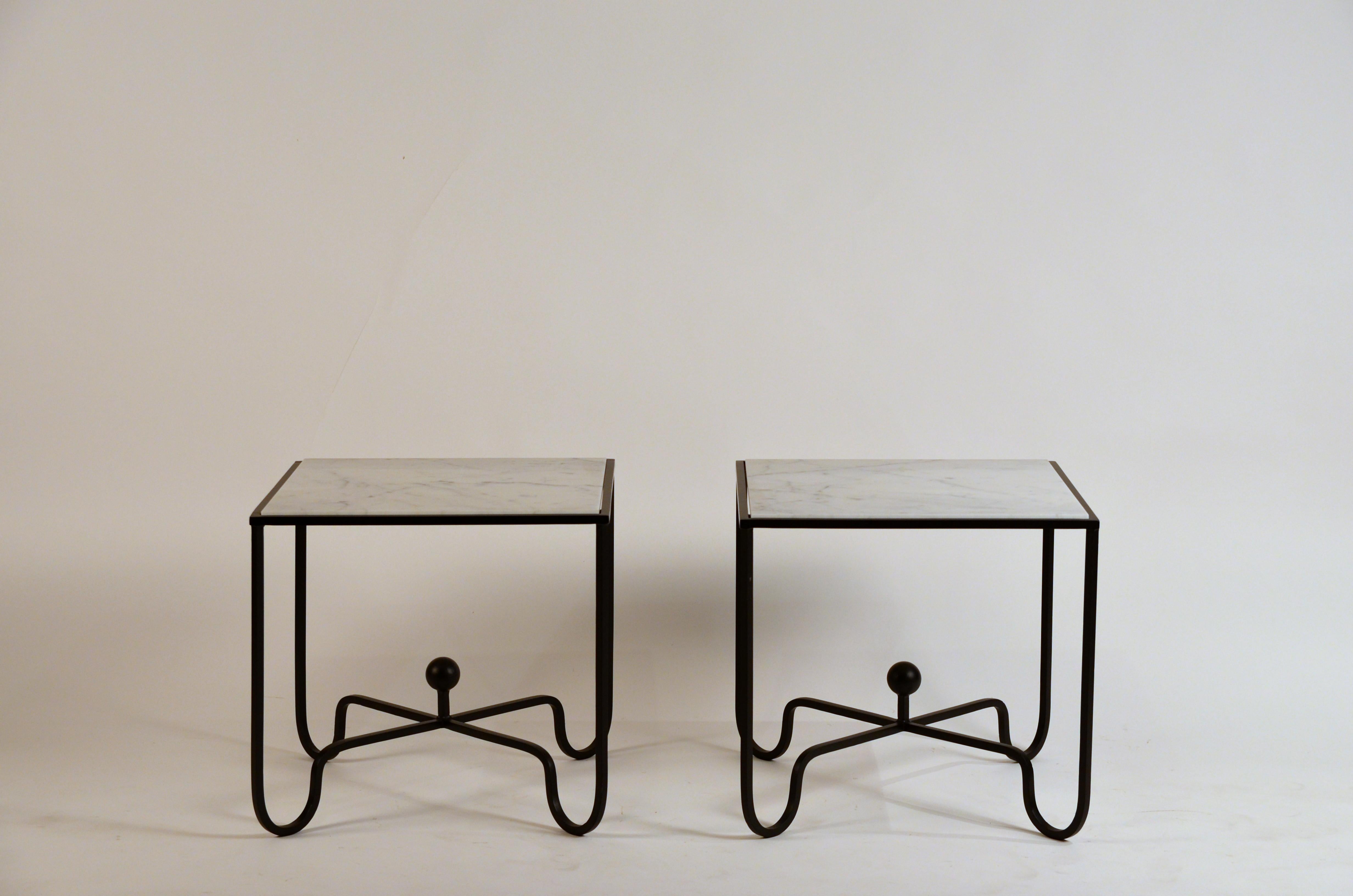 Blackened Pair of 'Entretoise' Wrought Iron and Honed Marble Side Tables by Design Frères For Sale