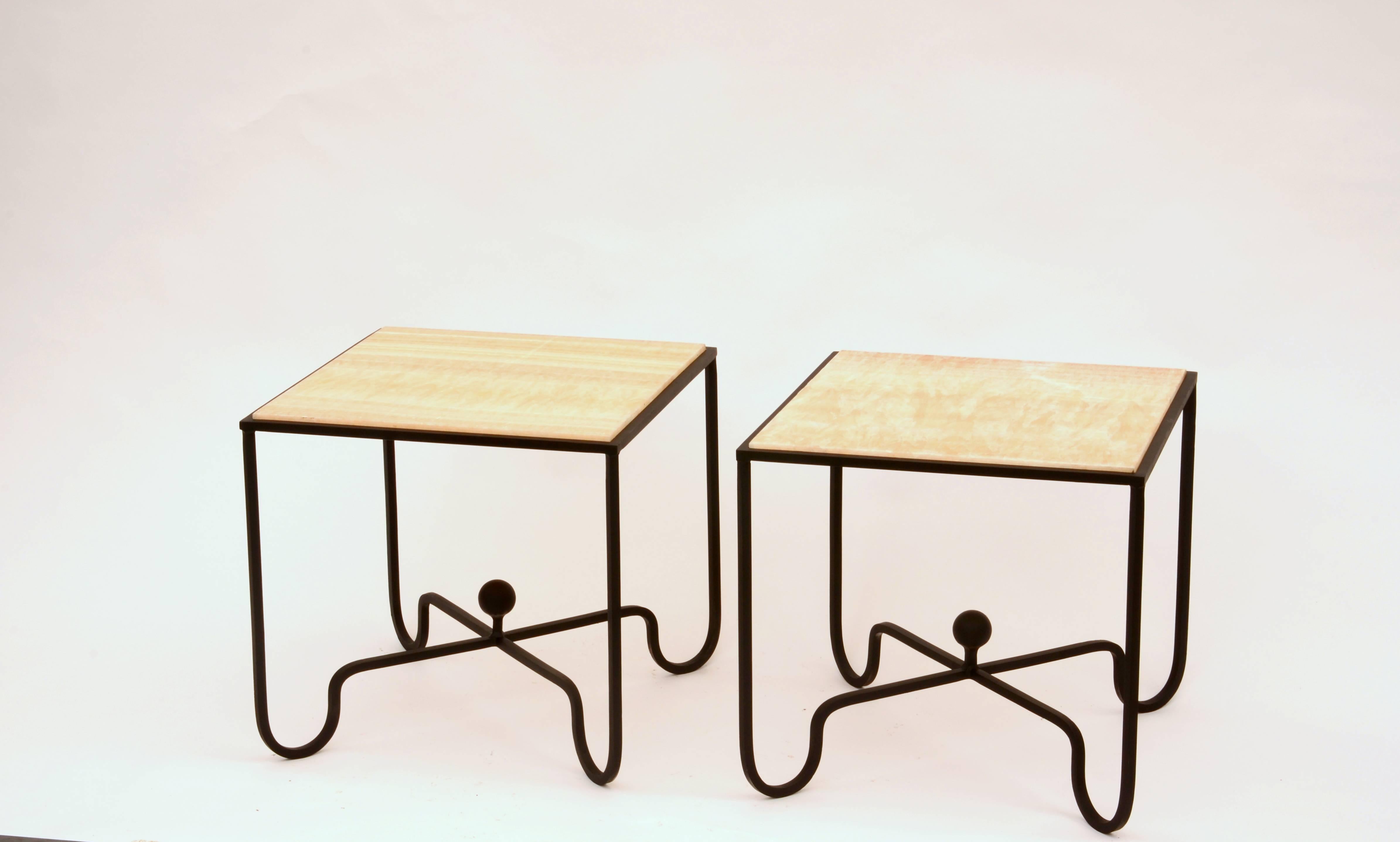 Modern Pair of 'Entretoise' Wrought Iron and Onyx Side Tables by Design Frères For Sale