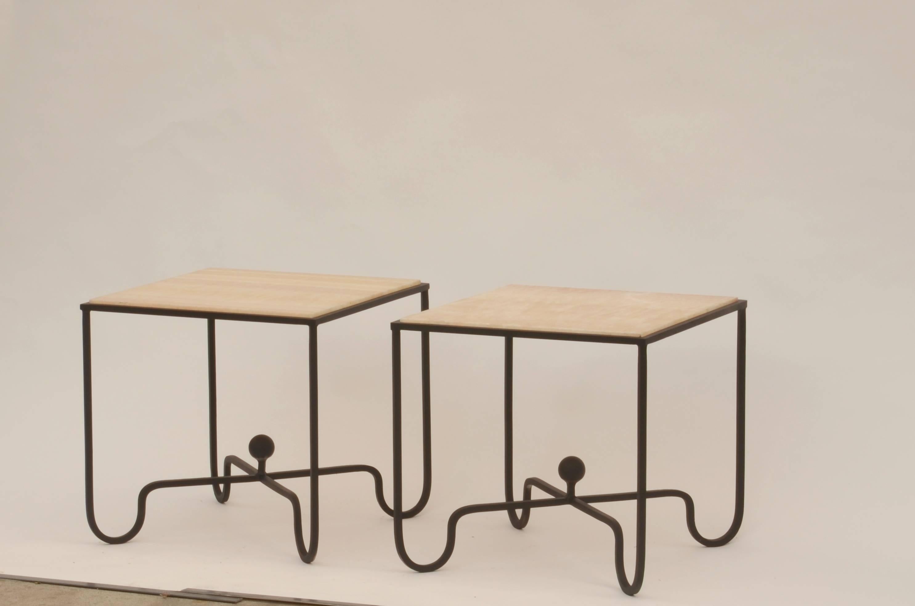Pair of 'Entretoise' Wrought Iron and Onyx Side Tables by Design Frères For Sale 1