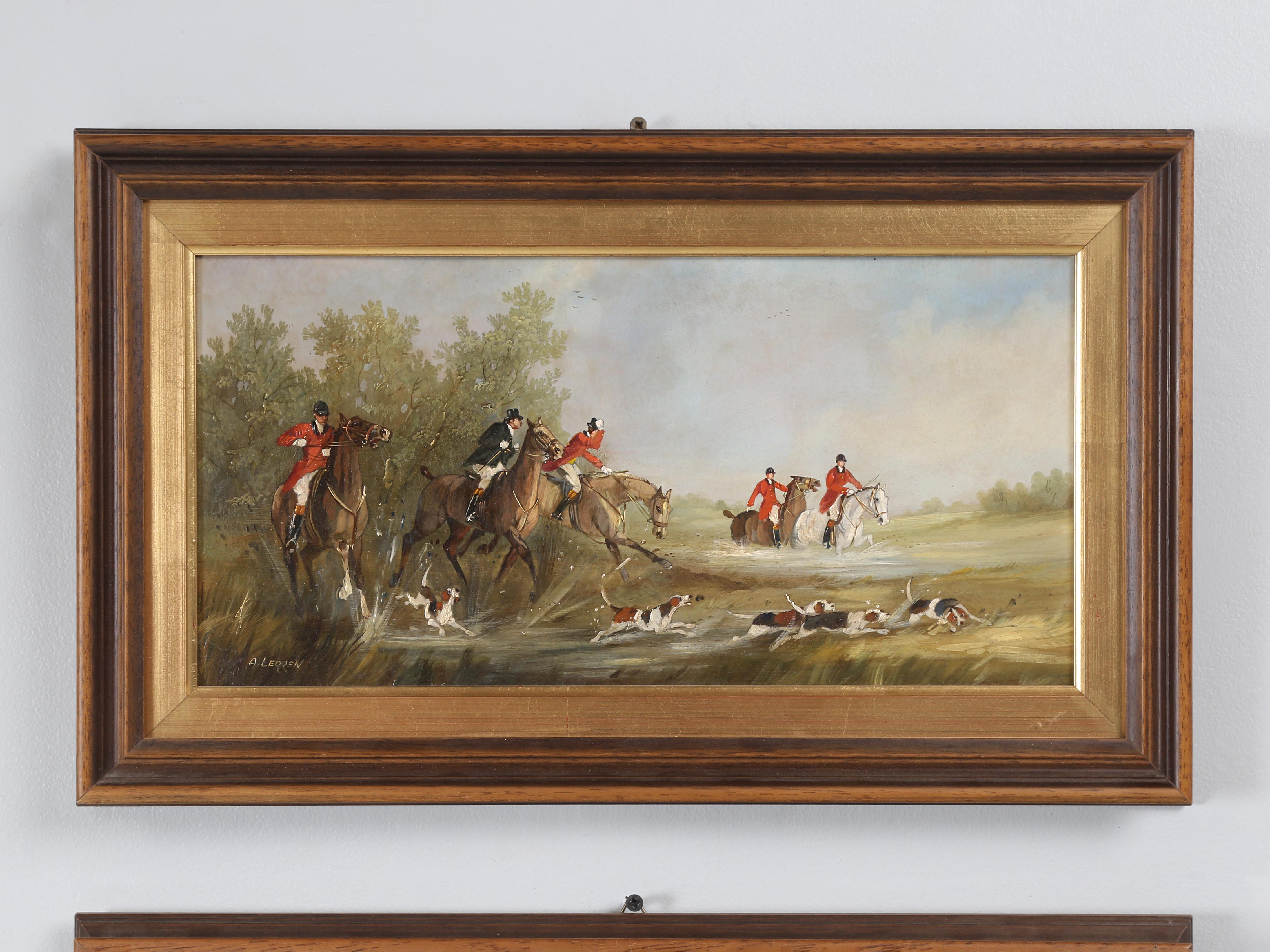 Pair of Equestrian Hunting and Polo Oil Paintings on Copper Exquisit ausgeführt. Wenig bekannter britischer Künstler, der für seine detailgetreuen Arbeiten bekannt ist, vor allem für Jagdszenen zu Pferde, Polo und Tennisspiele. A. Lerren ist